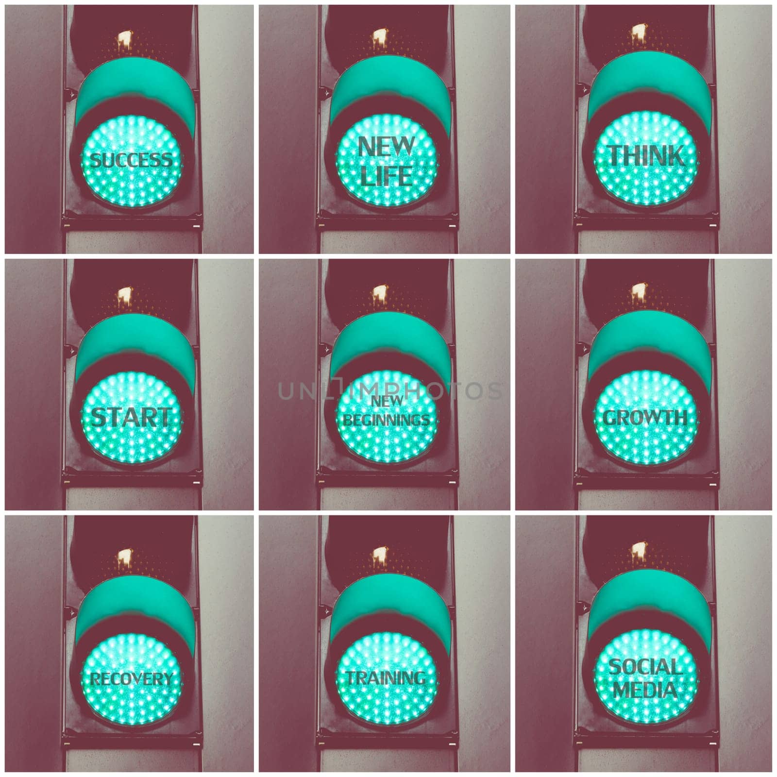 Photo collage with concept messages written over green traffic lights