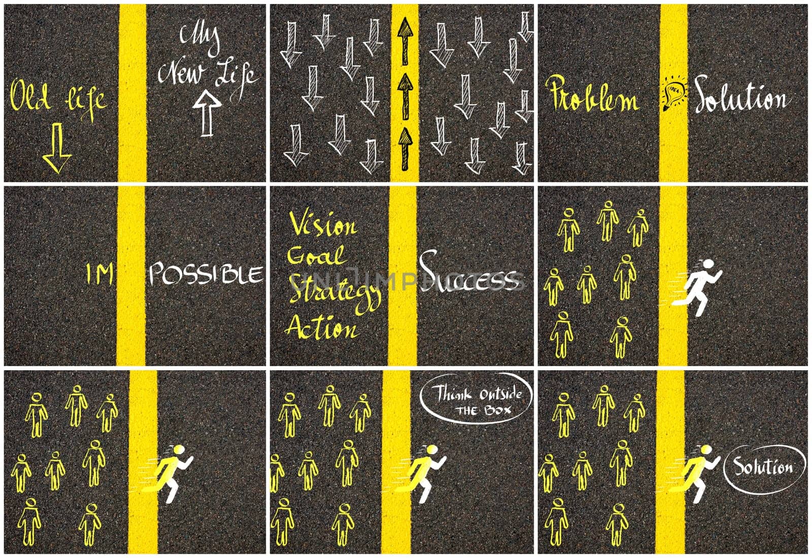 Photo collage of concept images over road marking yellow paint dividing line