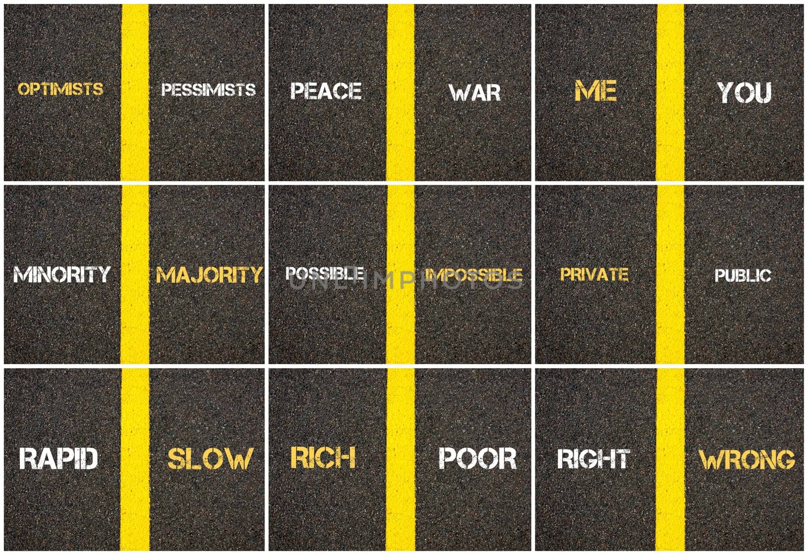 Photo collage of antonym concepts written over tarmac, road marking yellow paint separating line between words