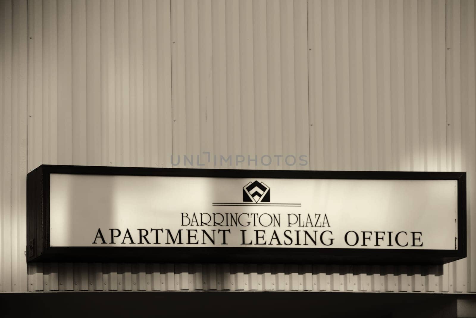 Los Angeles,United States - December 27,2015: The sign of the Barrington Plaza building a landlord for apartments on Wilshire Boulevard with on December 27,2015 in Los Angeles.