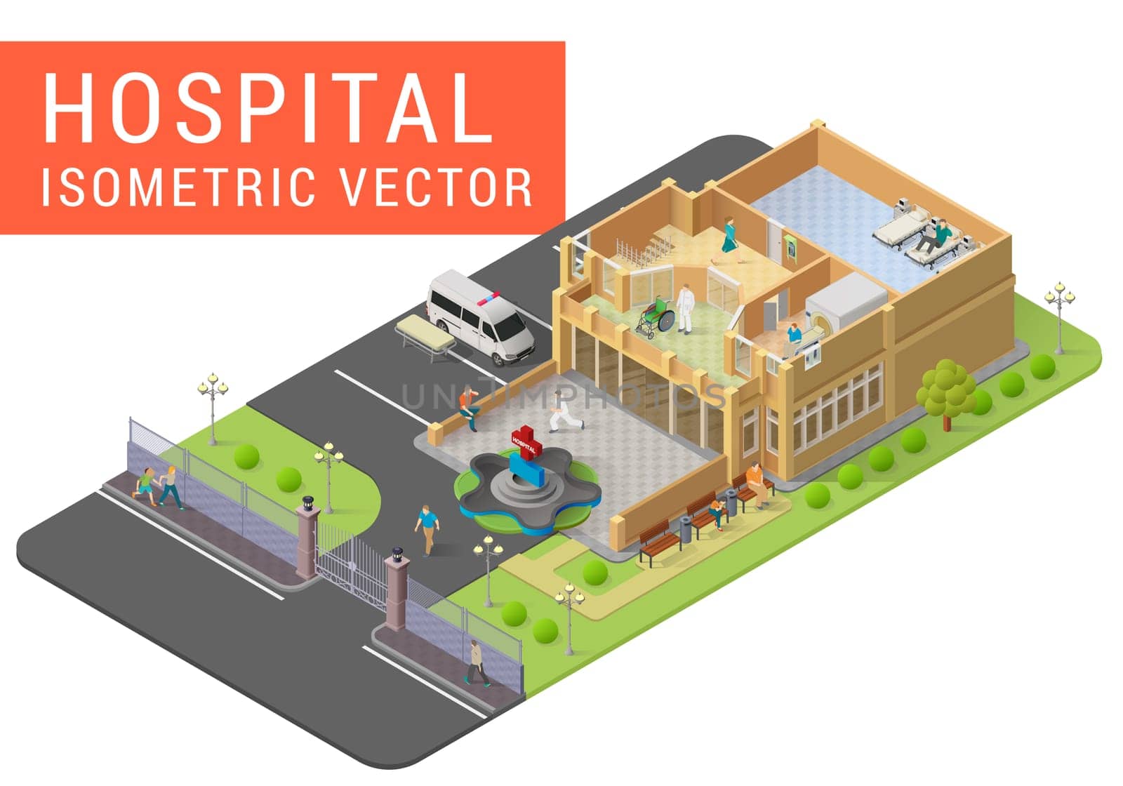 Isometric vector hospital with fountain, ambulance, people, stretcher, mri scanner, wheelchair, doctors, patients. Emergency paramedic center with exterior and interior isometric illustration.