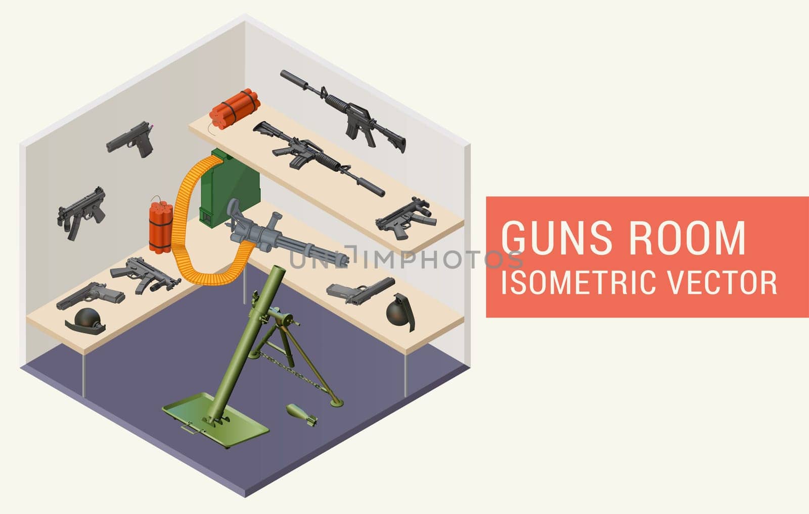 Isometric vector guns room with beretta handguns, m4a1 assault rifle, minigun, mp5 submachine gun, dynamite, grenades, mortar grenade launcher. Room with rack and weapons.