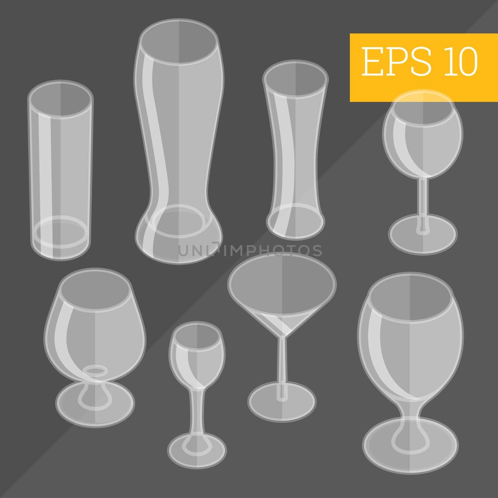 transparent empty glassware collection flat style set eps10 vector illustration. Various types of stemware. beer glasses, mugs and goblets