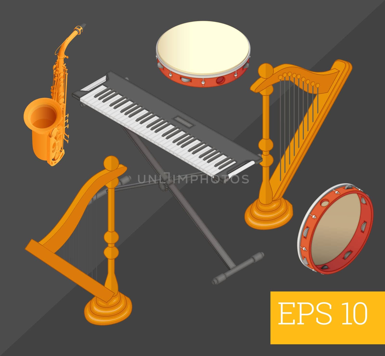 musical instruments collection harp, saxophone, synthesizer, tambourine eps10 vector illustration