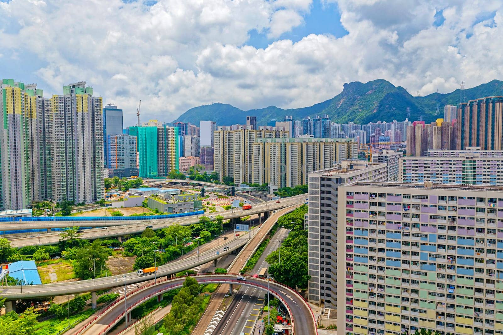 hong kong public estate buildings with landmark lion rock