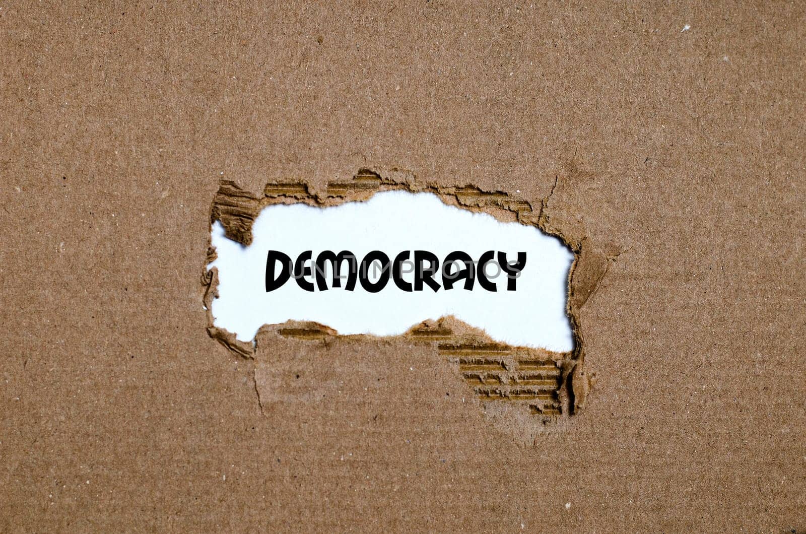 The word democracy appearing behind torn paper