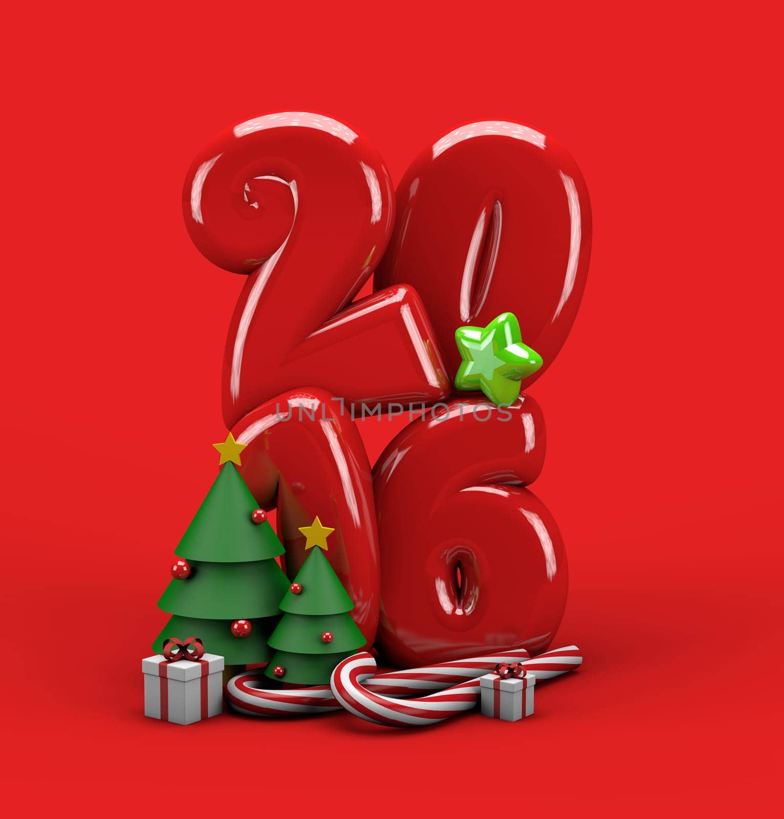 Christmas 3d illustration greeting card with number 2016 gift boxes, candy stick bars and fir trees decorated with stars and globes