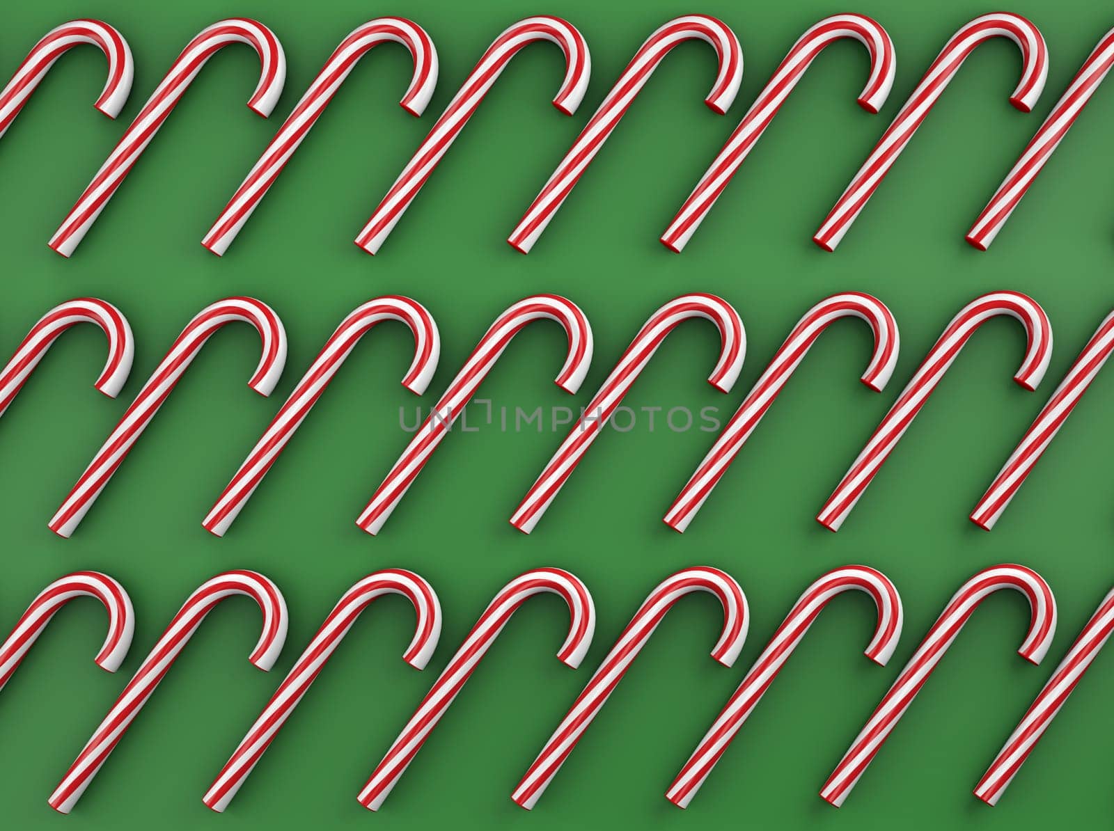 3d illustration top view of many red and white Christmas candy sticks bars on green background