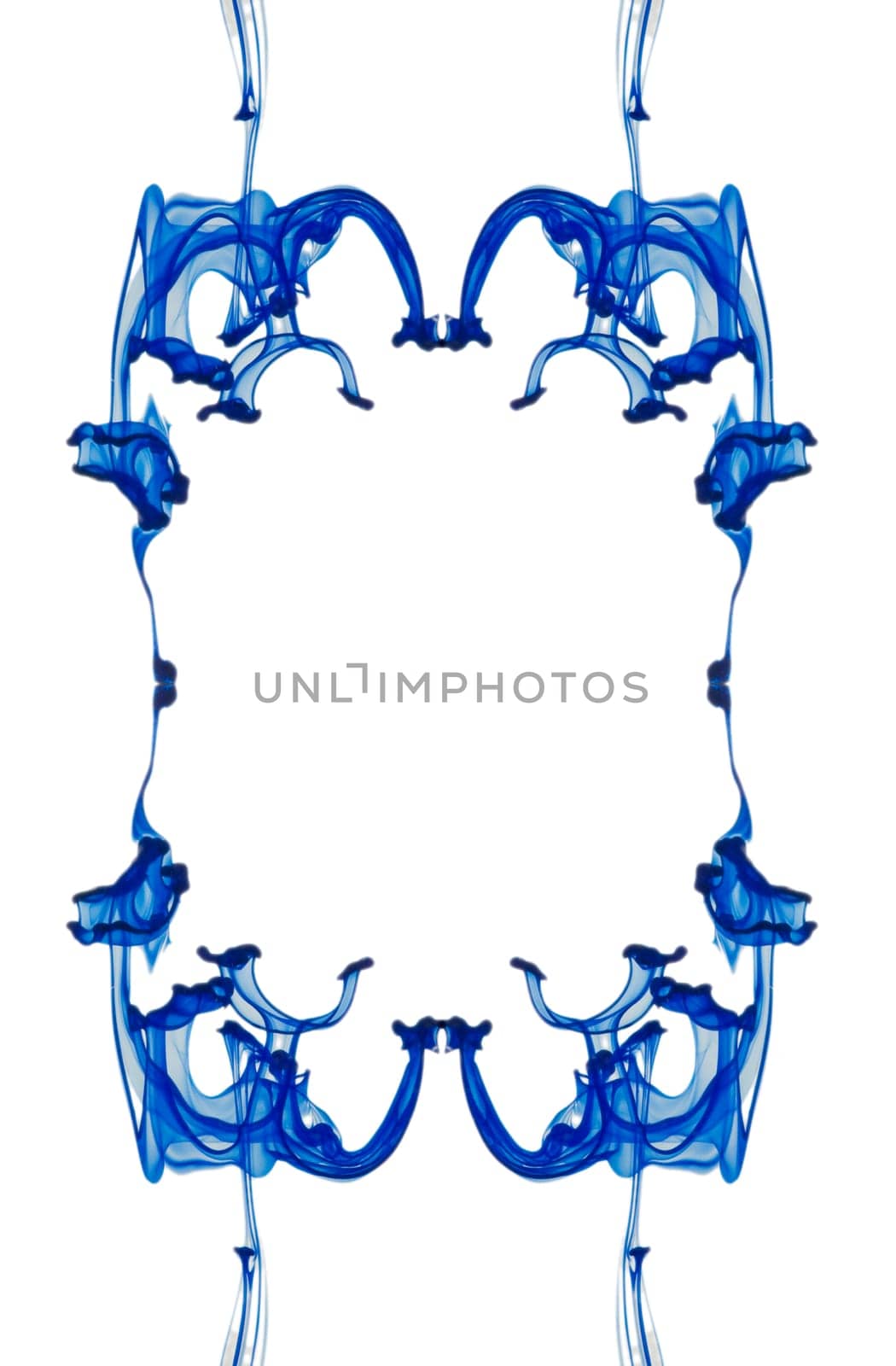 Abstract pictorial composition of twice mirrored blue drops running in the water against a white background.