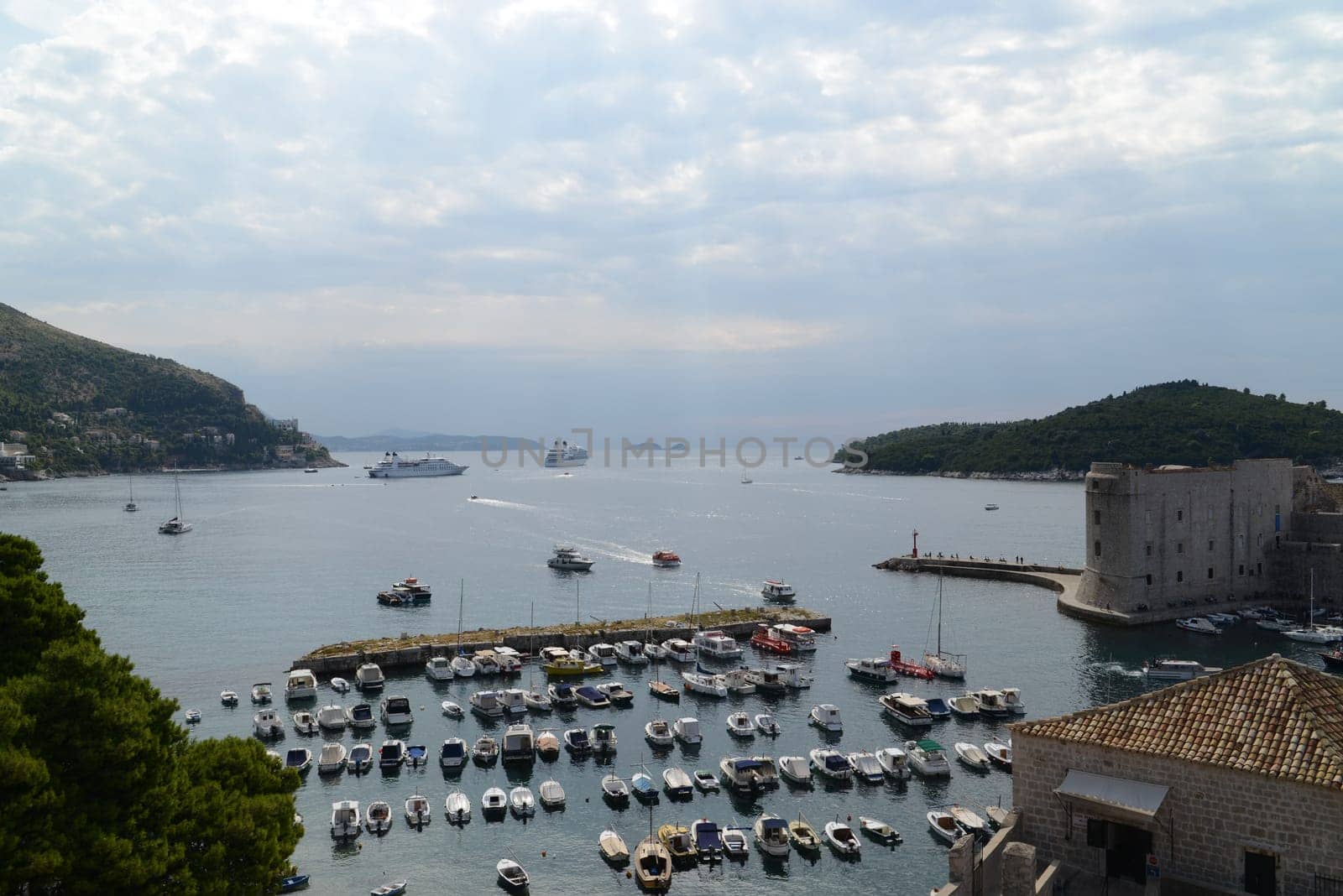 Nice view of Dubrovnik harbour with different ship (Croatia).