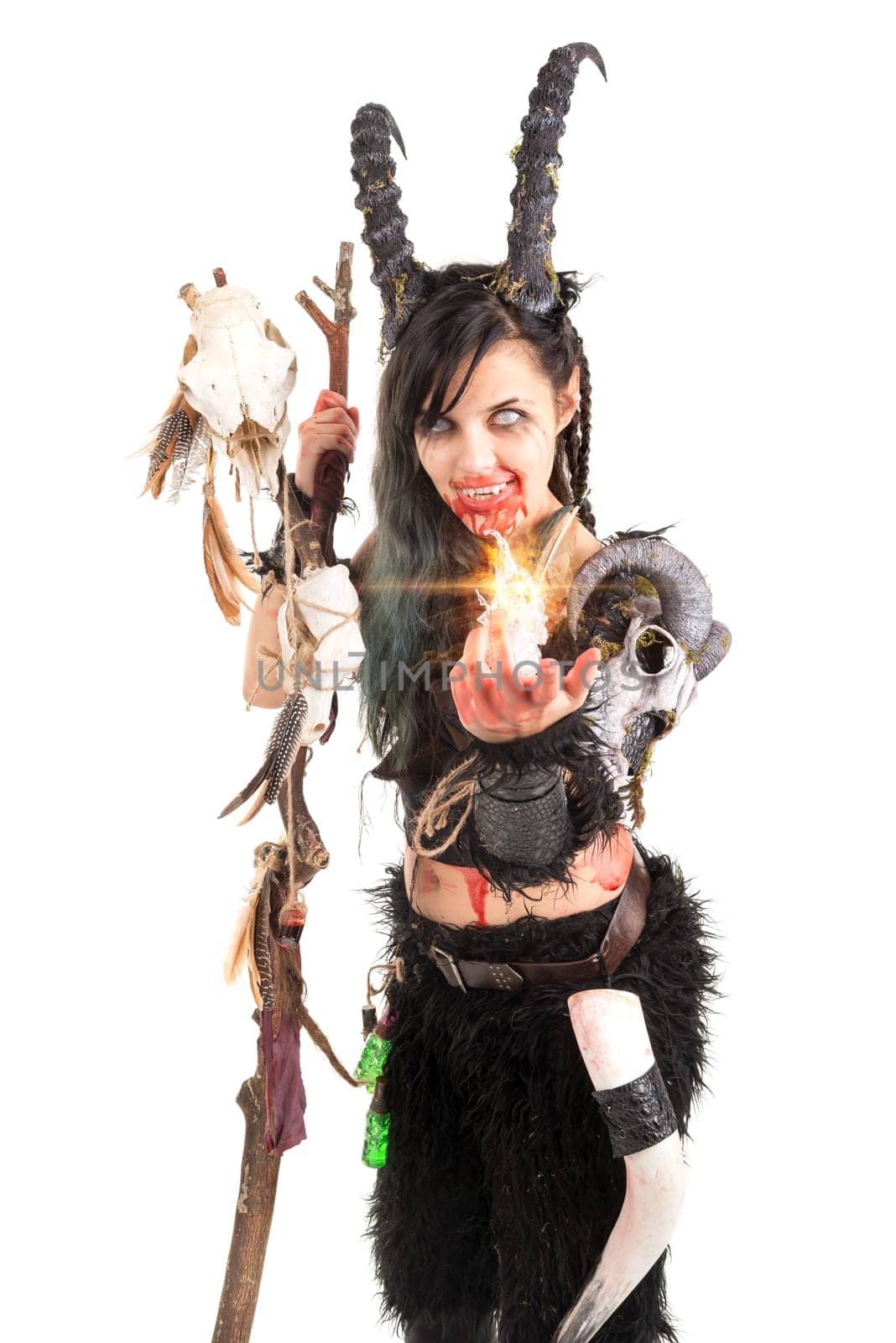 Faun sorceress with big horns and blood isolated in white