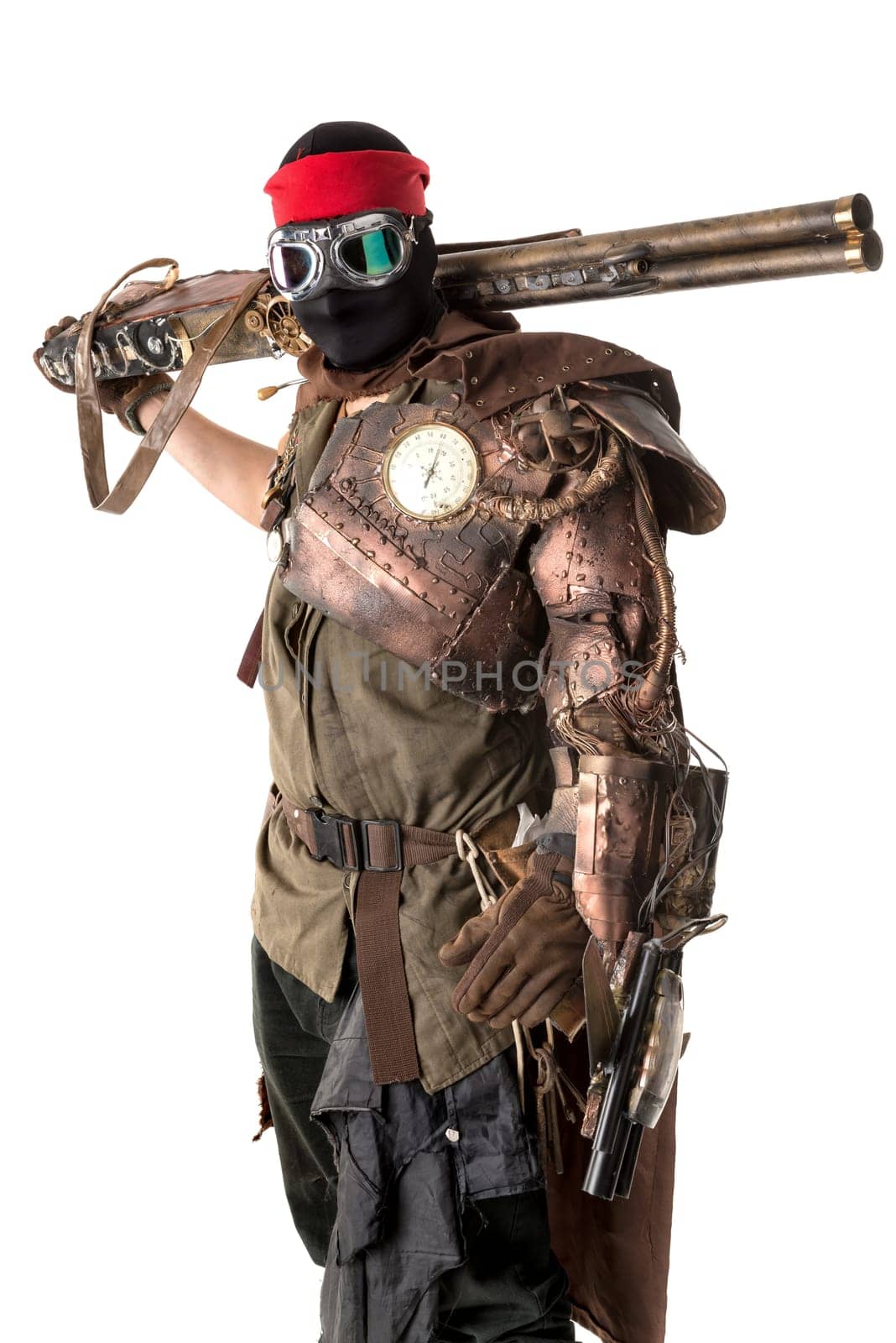 Futuristic soldier posing with gun and armor isolated in white