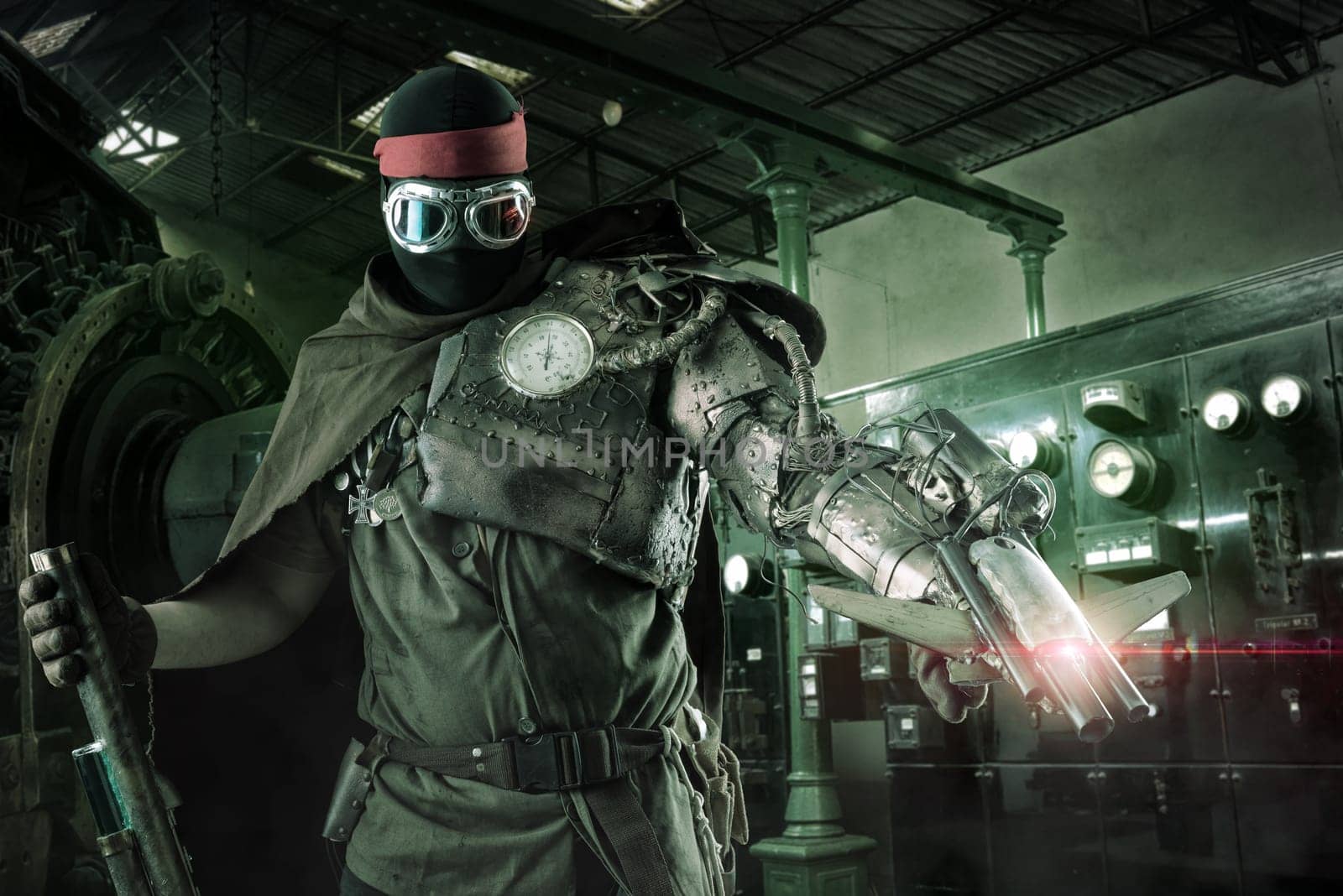 Futuristic soldier posing with gun and armor