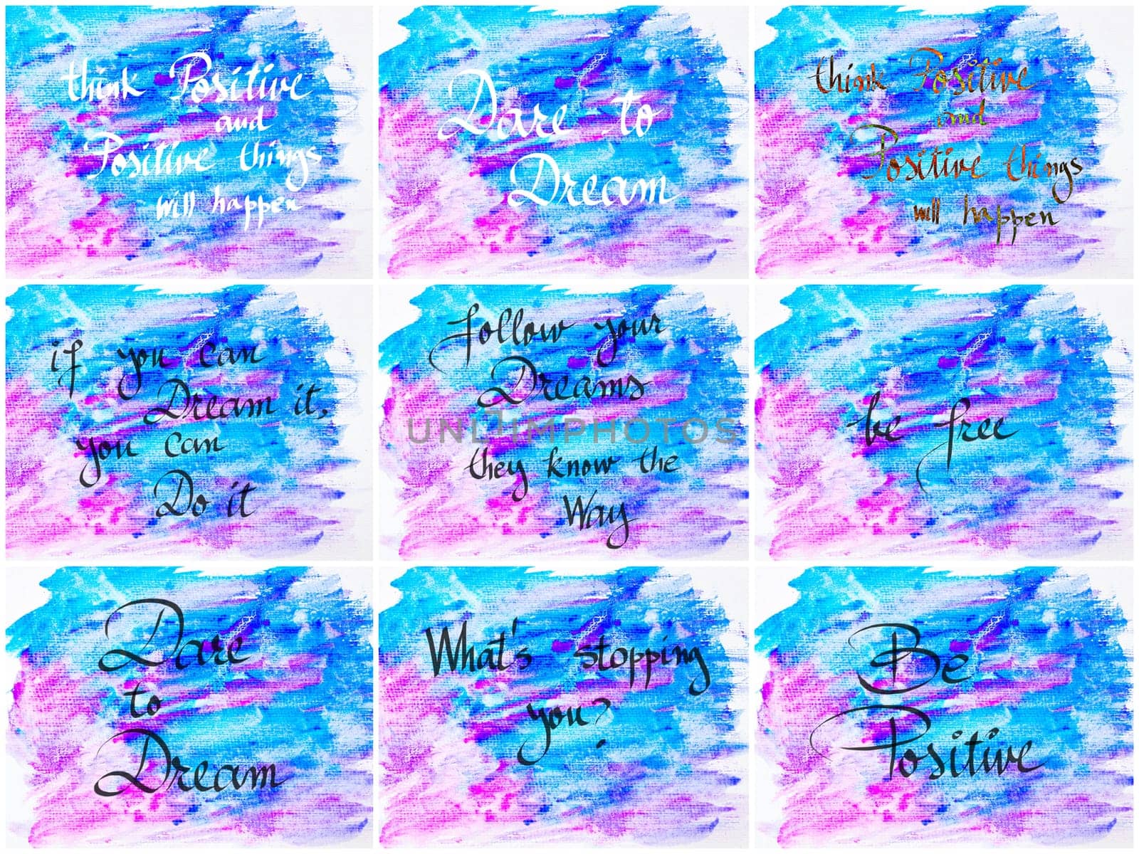 Collage of Inspirational messages over abstract water color textured backgrounds