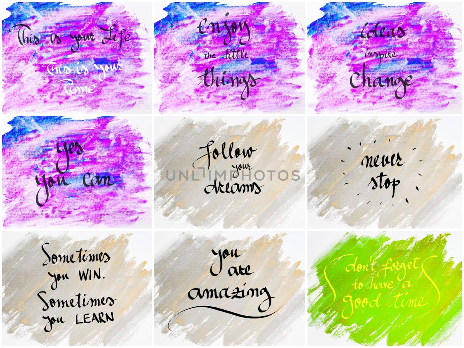 Collage of Inspirational messages over abstract water color textured backgrounds