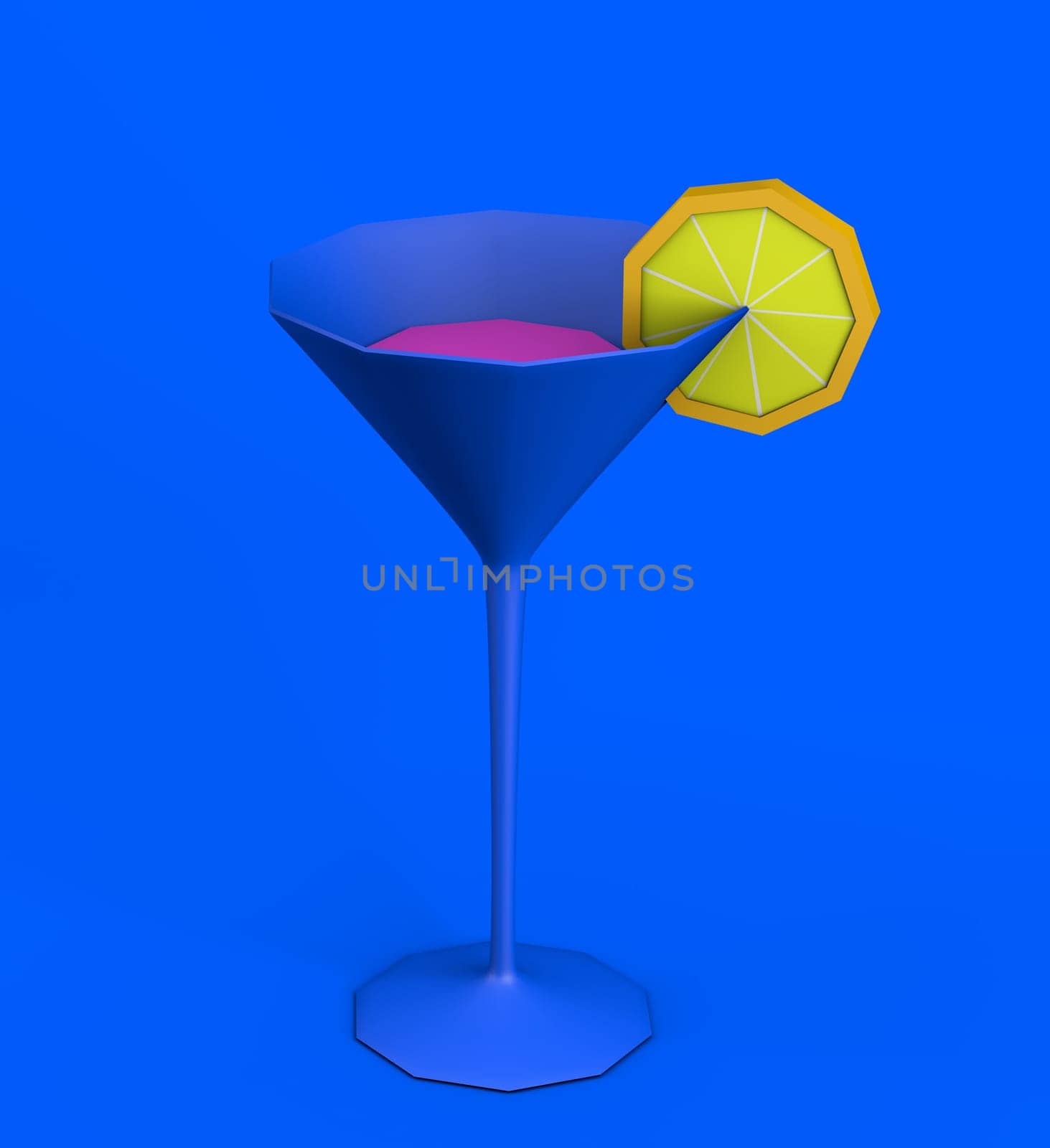 3d illustration of martini cocktail glass with pink liquid and lemon slice on blue background