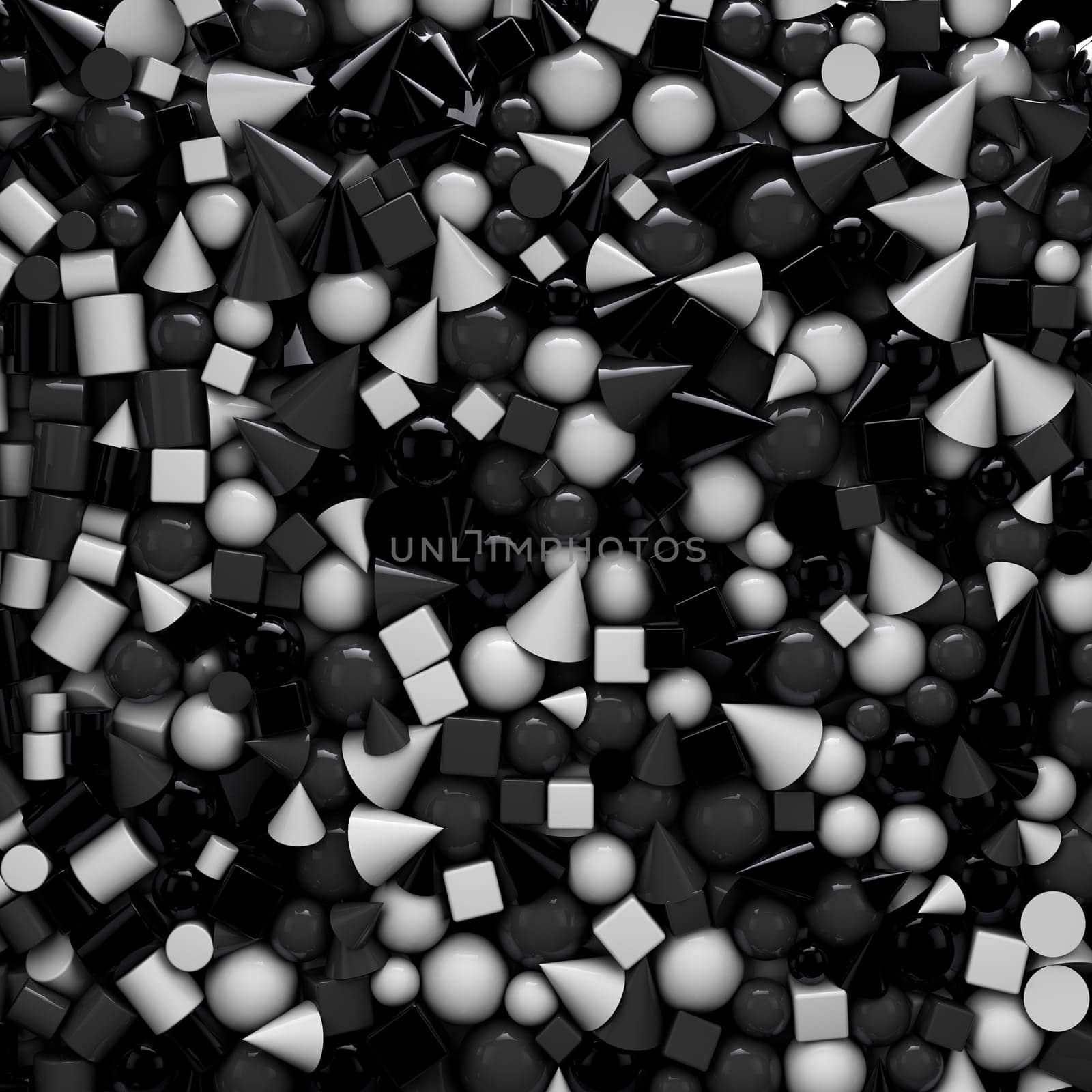 3d illustration texture with black and white geometric shapes, cones, cubes and spheres