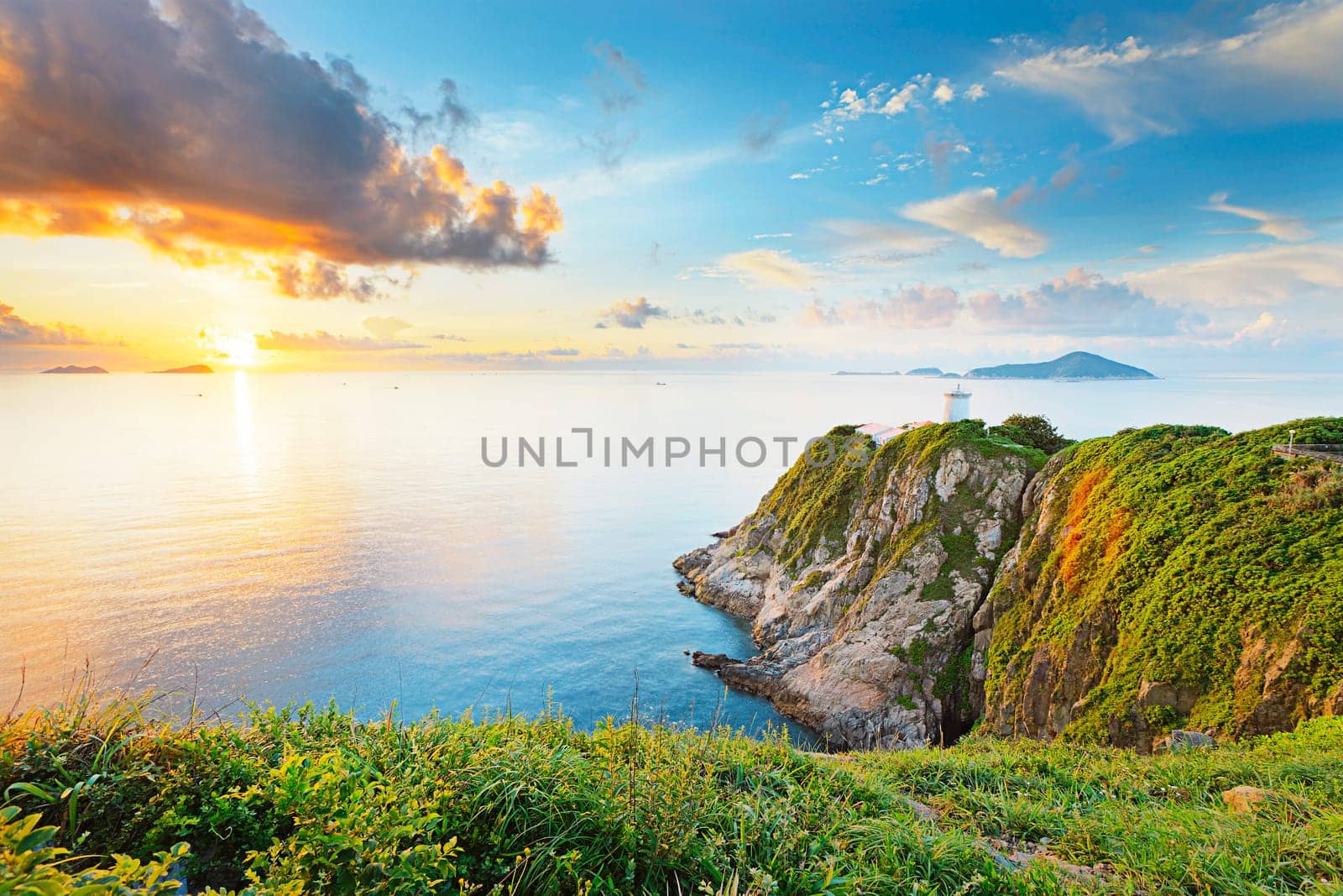 Hong Kong lighthouse during sunrise , Hok Tsui Cape D'Aguilar beautiful landscape