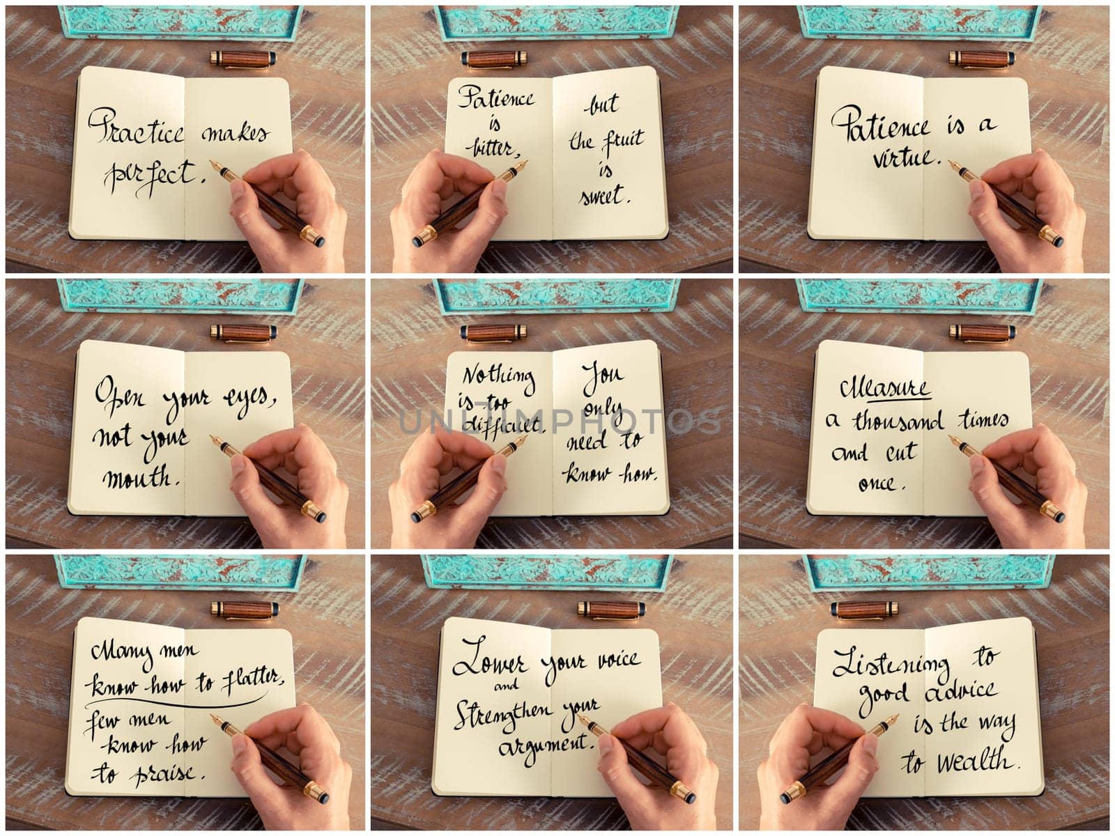 Photo collage of inspirational concept images, woman hand writing motivational quotes on a notebook