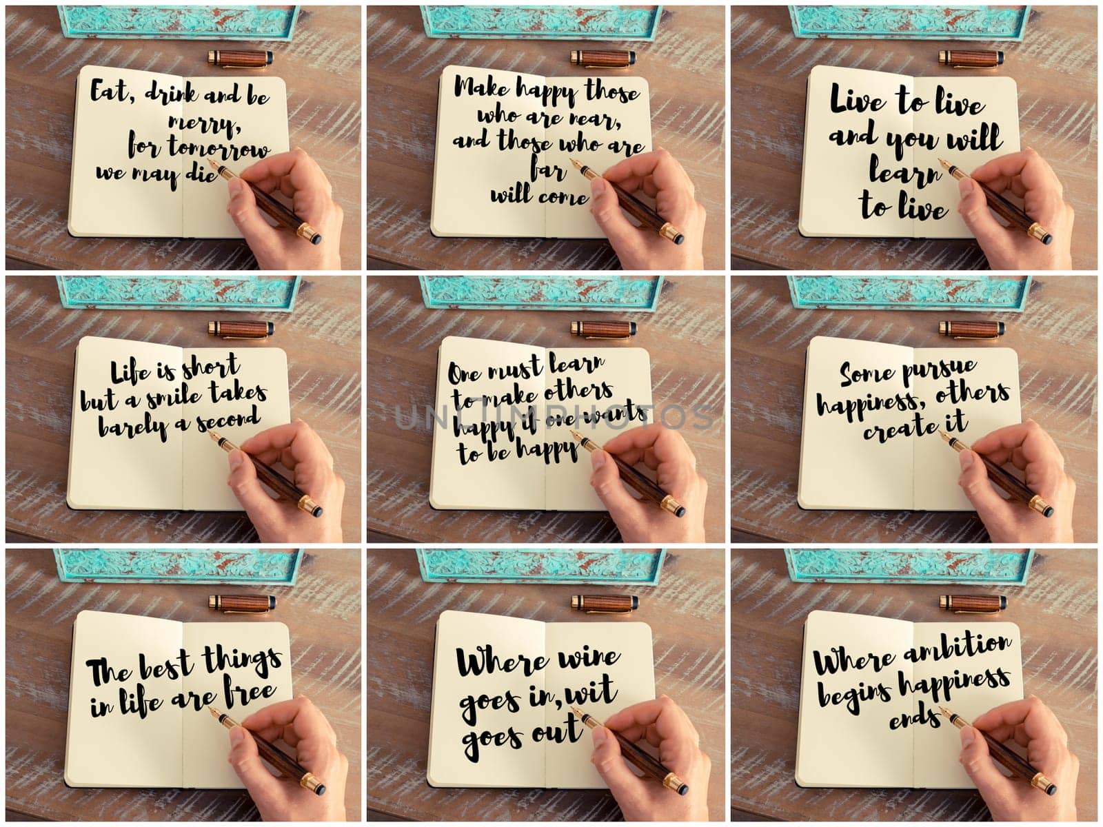 Photo collage of inspirational concept images, woman hand writing motivational quotes on a notebook