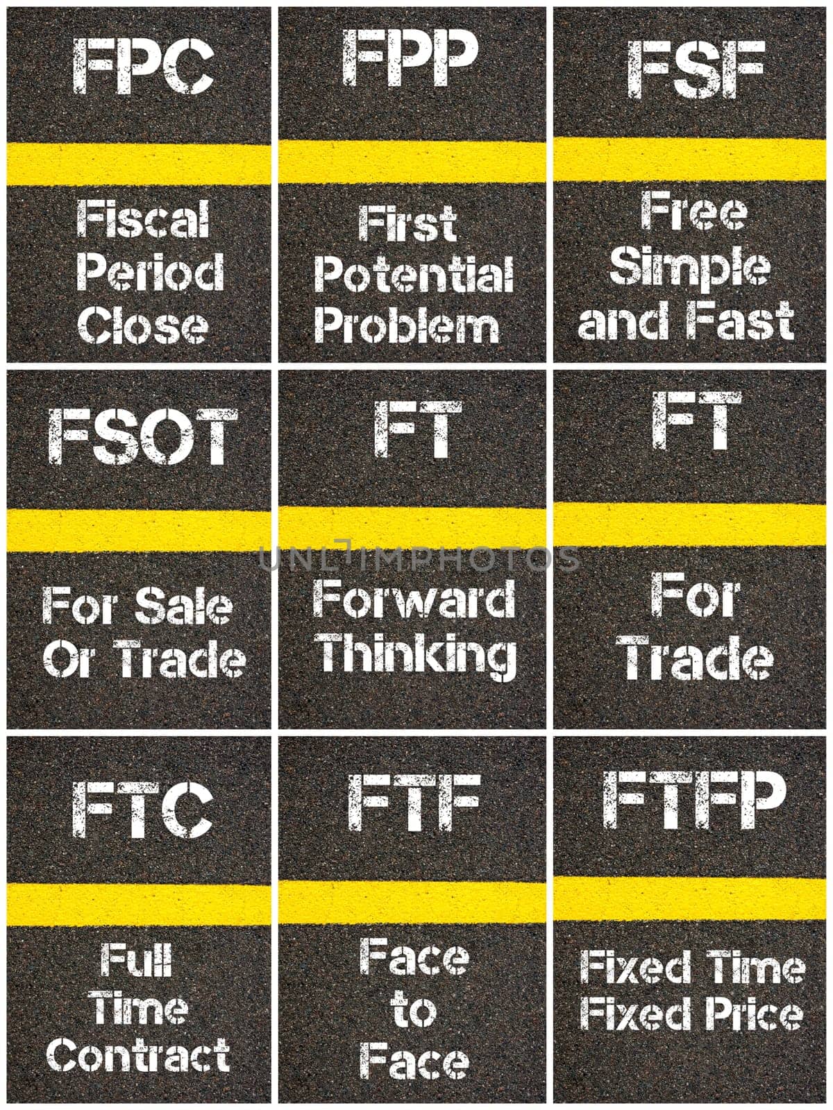 Photo collage of Business Acronyms written over road marking yellow paint line