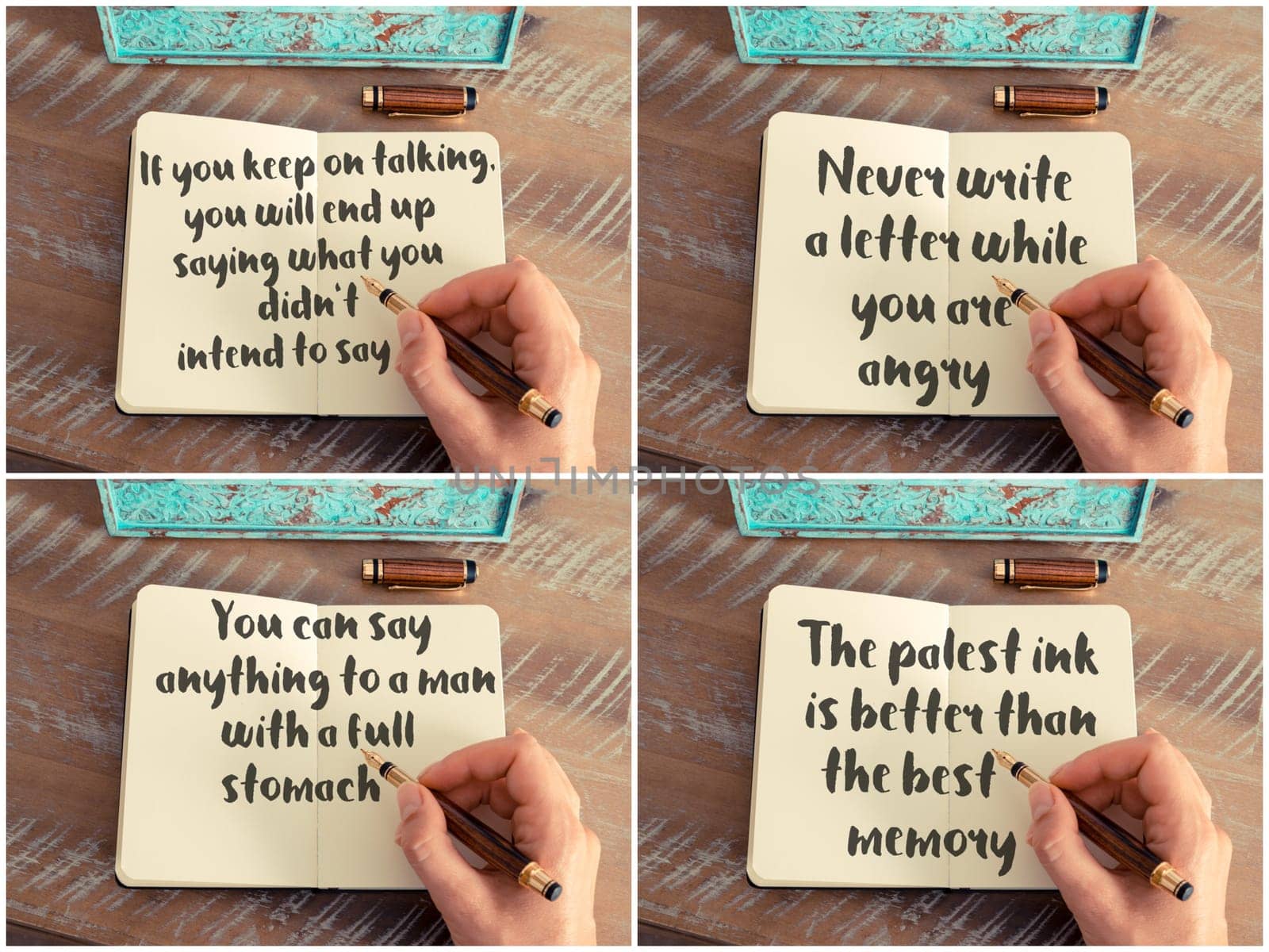 Photo collage of inspirational concept images, woman hand writing motivational quotes on a notebook