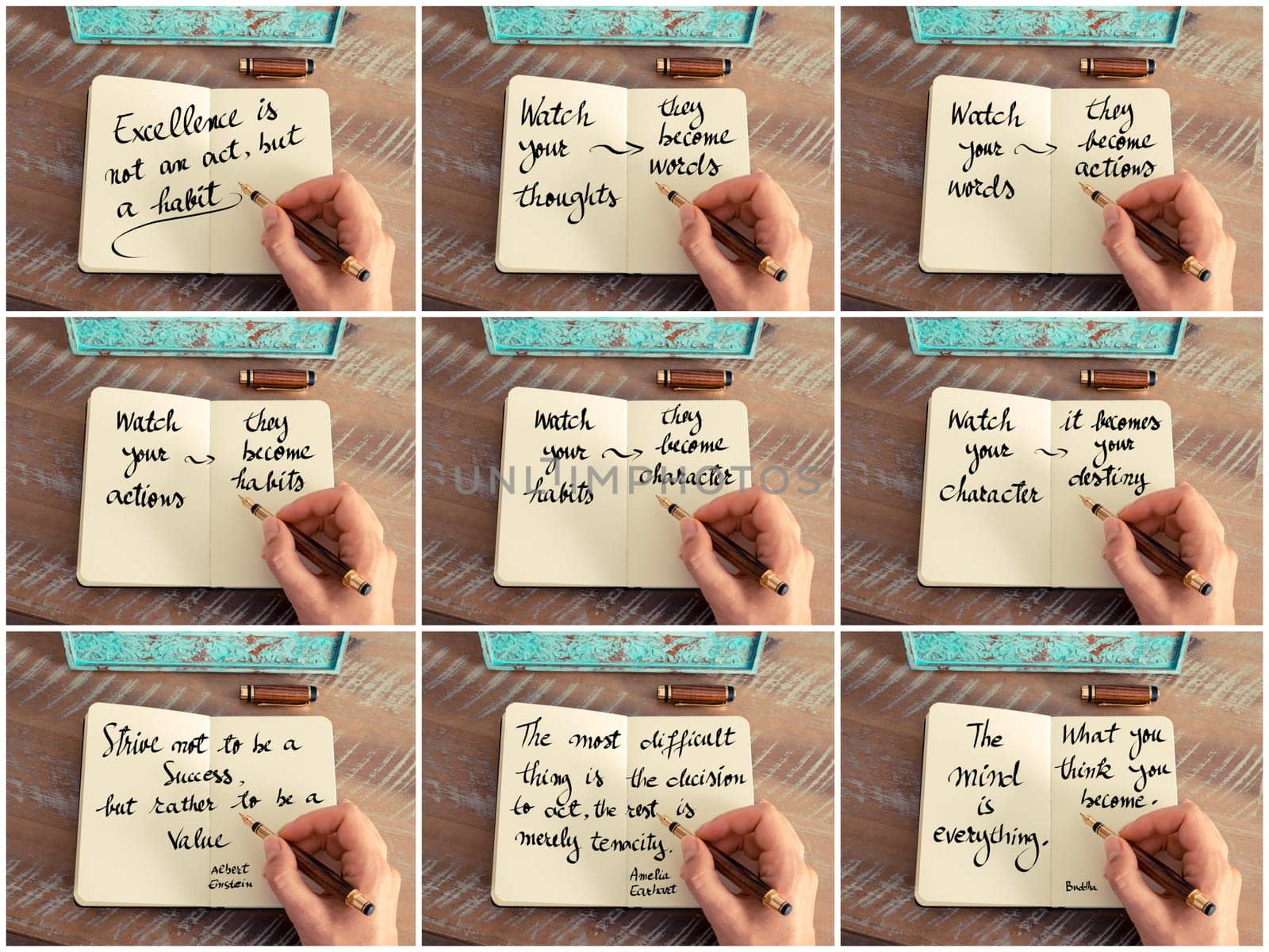Photo collage of inspirational concept images, woman hand writing motivational quotes on a notebook
