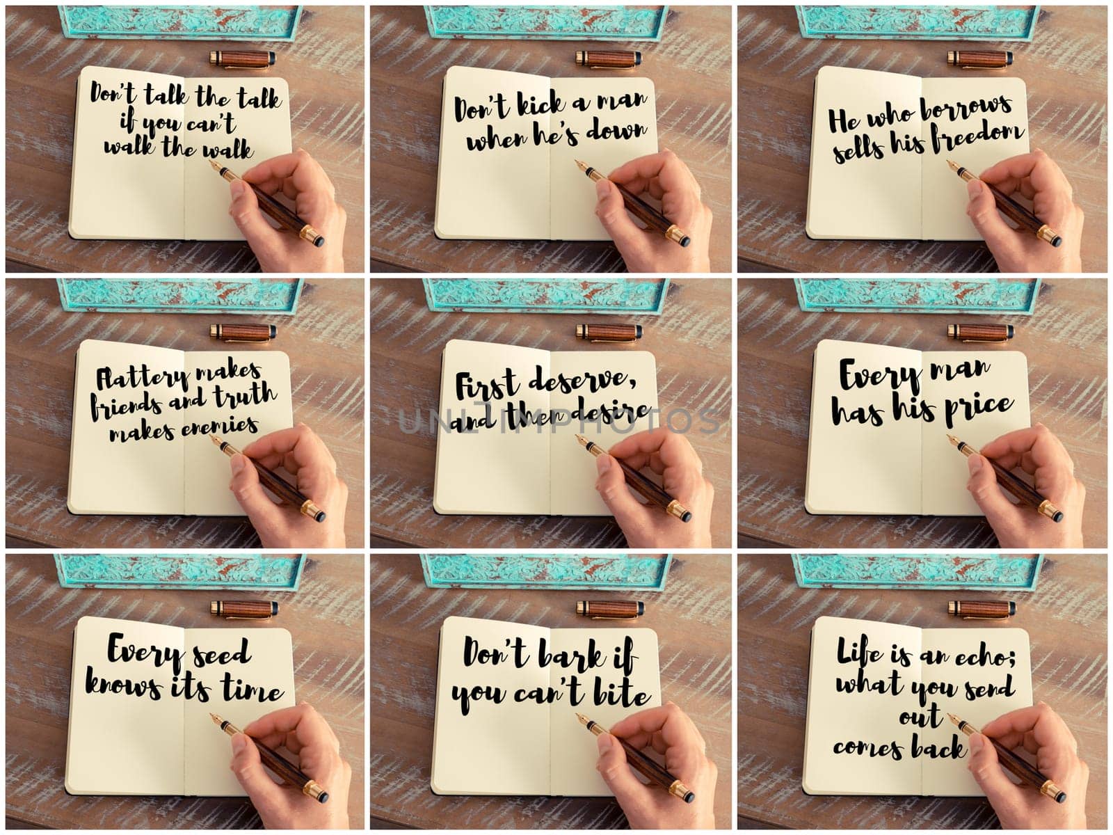 Photo collage of inspirational concept images, woman hand writing motivational quotes on a notebook