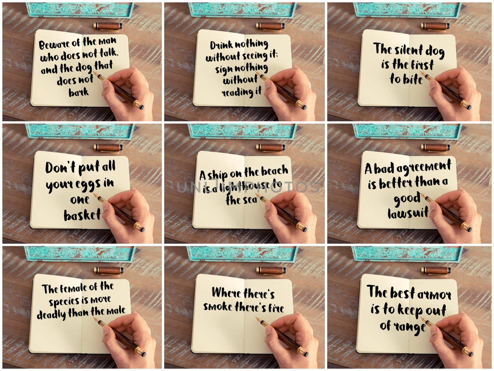 Photo collage of inspirational concept images, woman hand writing motivational quotes on a notebook