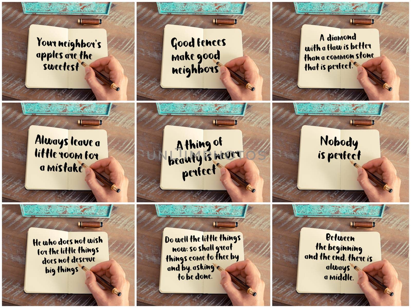 Photo collage of inspirational concept images, woman hand writing motivational quotes on a notebook