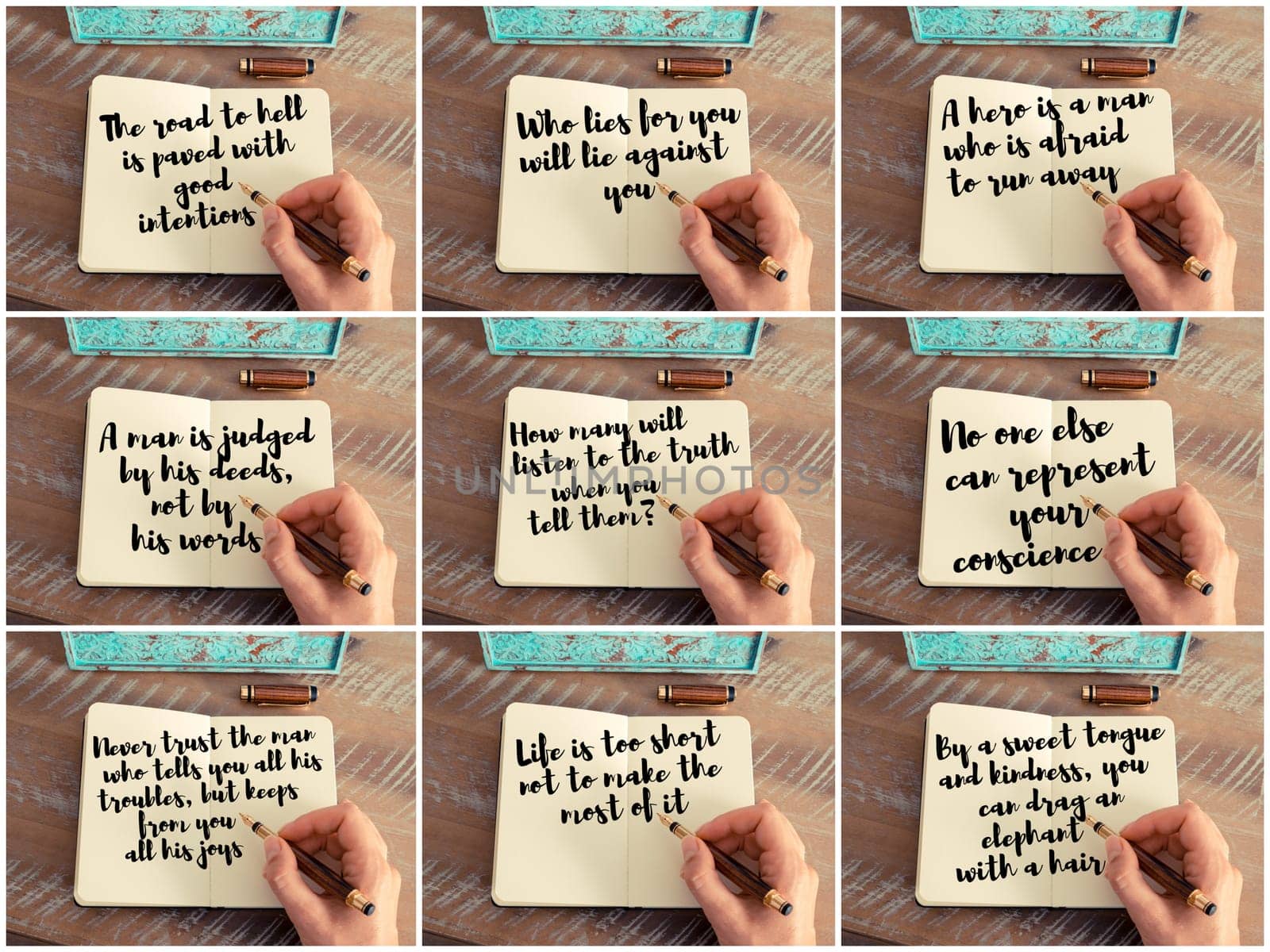 Photo collage of inspirational concept images, woman hand writing motivational quotes on a notebook