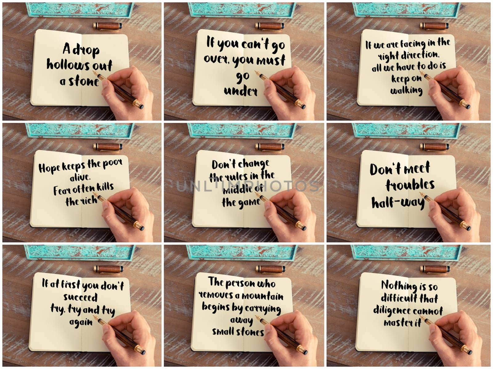 Photo collage of inspirational concept images, woman hand writing motivational quotes on a notebook