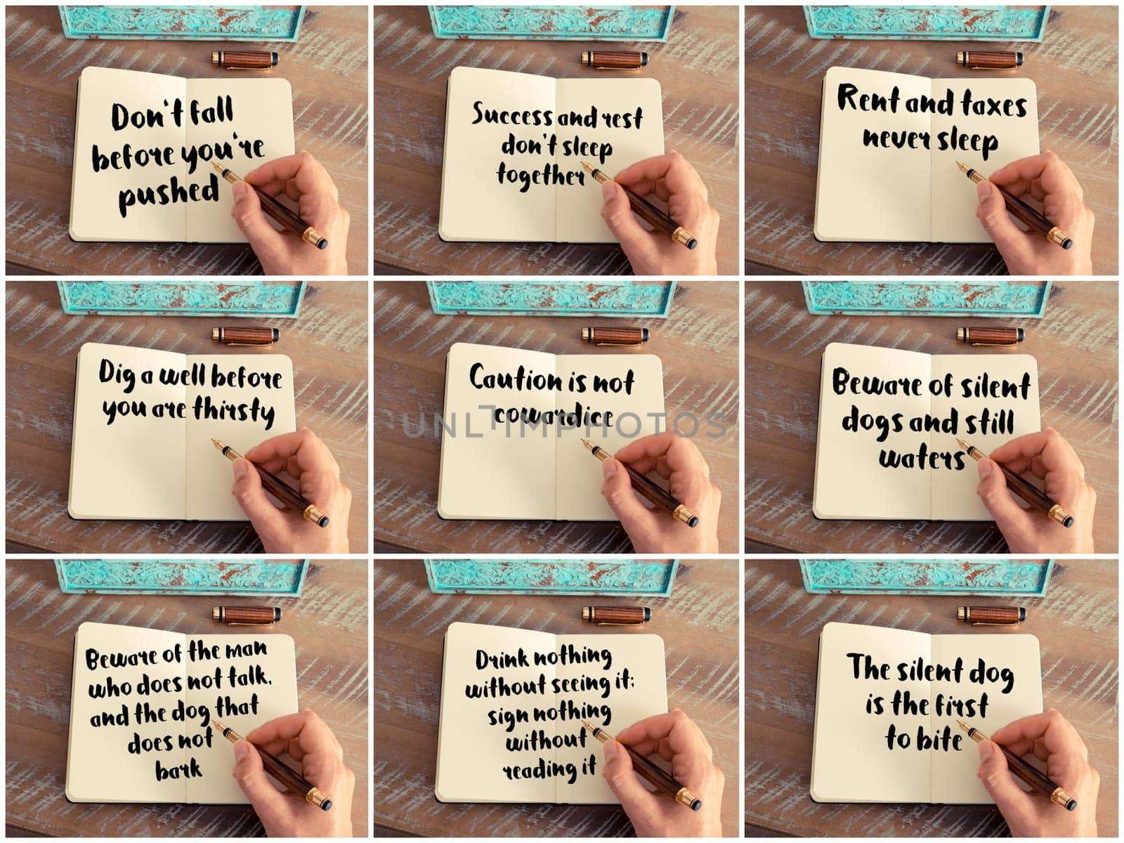 Photo collage of inspirational concept images, woman hand writing motivational quotes on a notebook