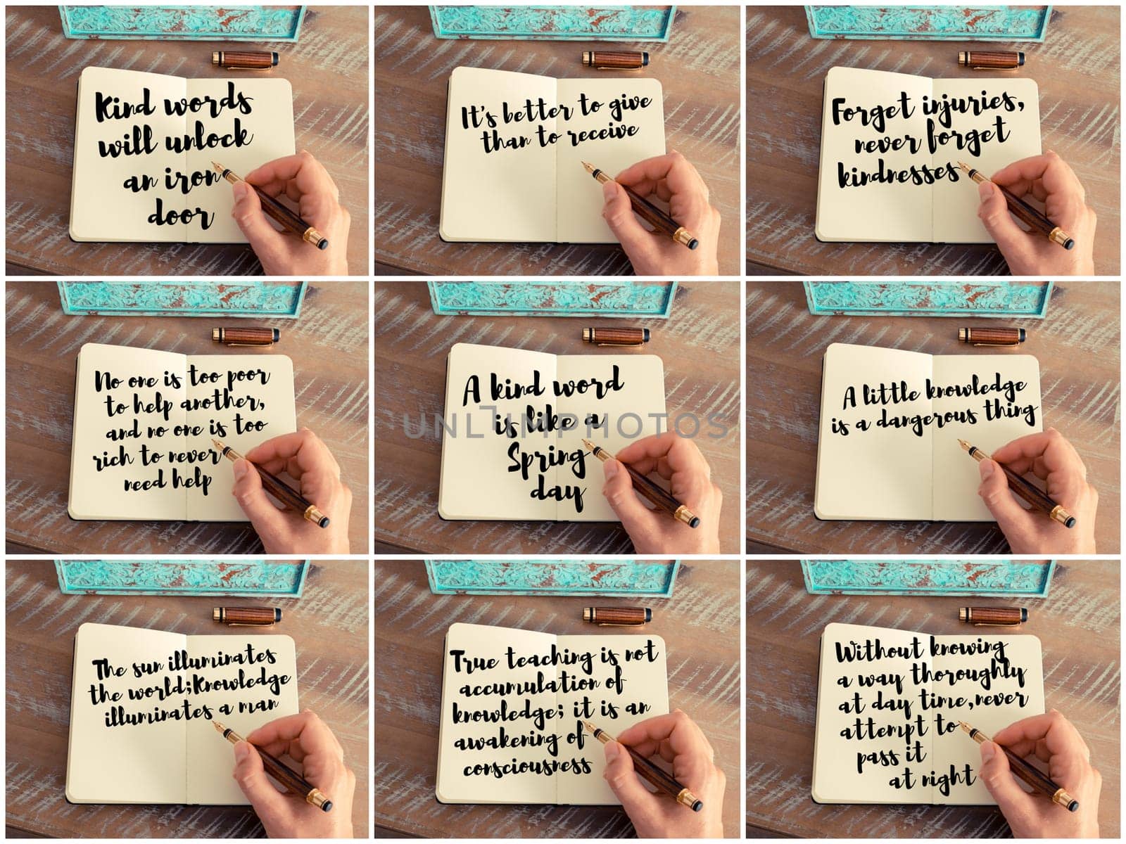Photo collage of inspirational concept images, woman hand writing motivational quotes on a notebook