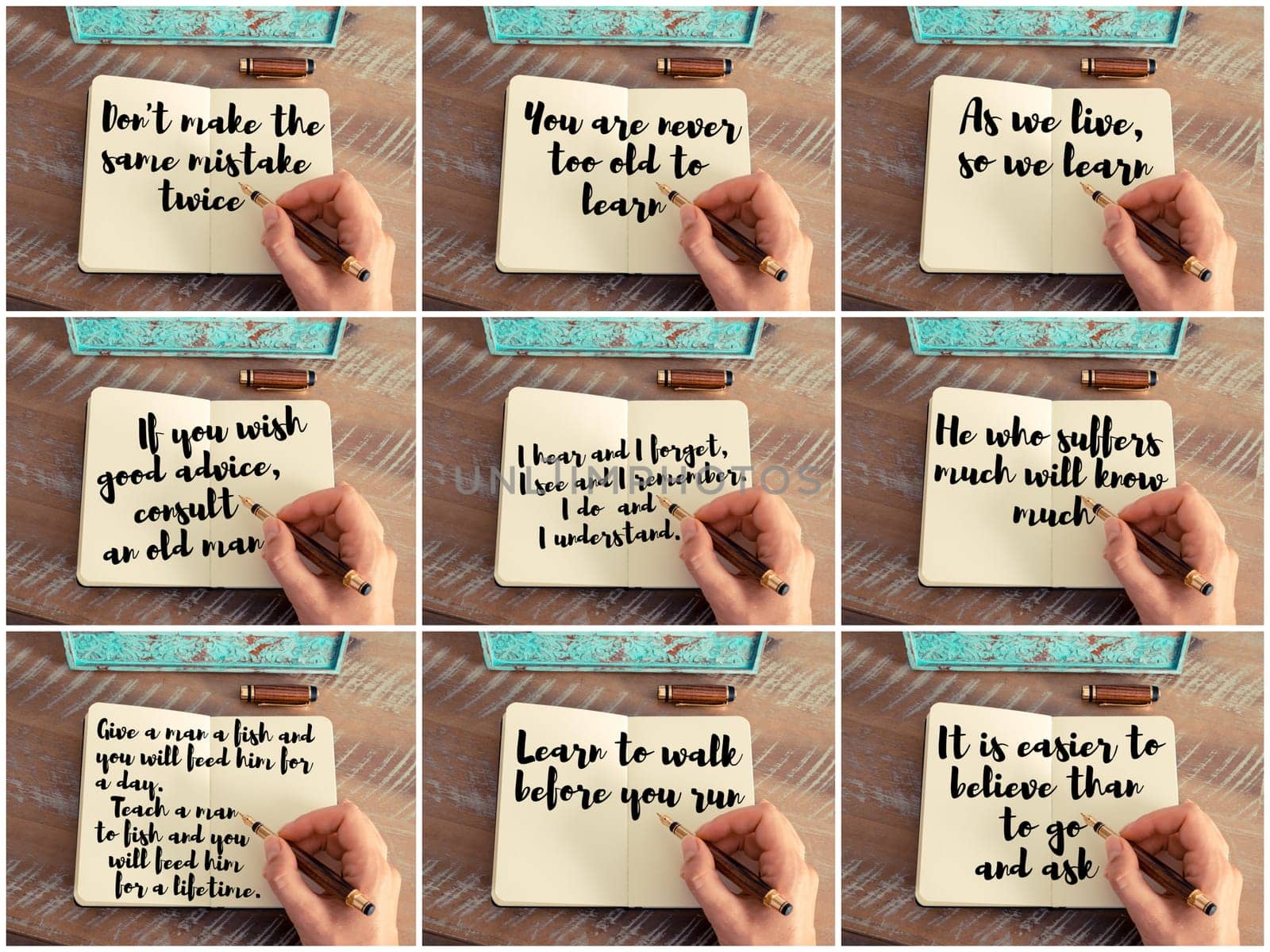 Photo collage of inspirational concept images, woman hand writing motivational quotes on a notebook
