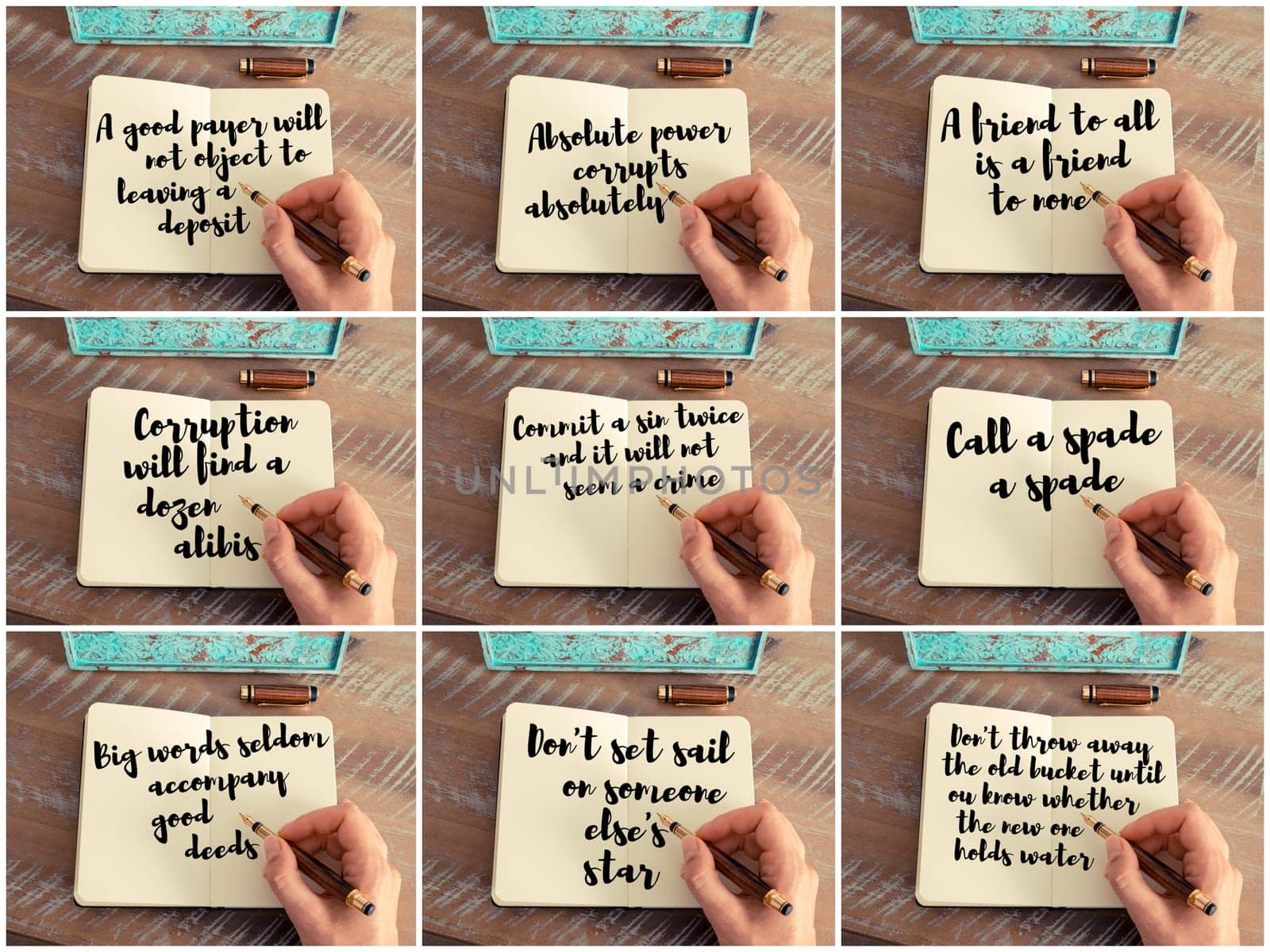 Photo collage of inspirational concept images, woman hand writing motivational quotes on a notebook