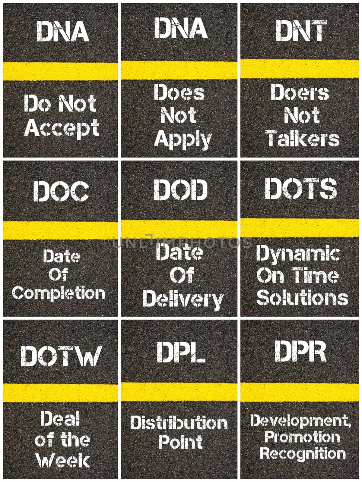 Photo collage of Business Acronyms written over road marking yellow paint line