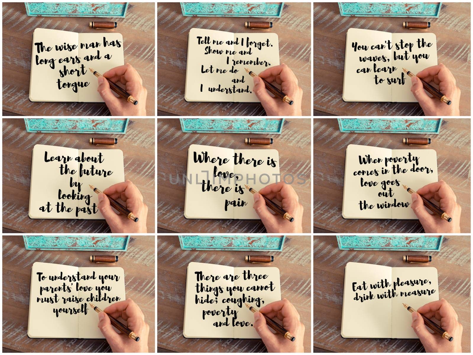 Photo collage of inspirational concept images, woman hand writing motivational quotes on a notebook