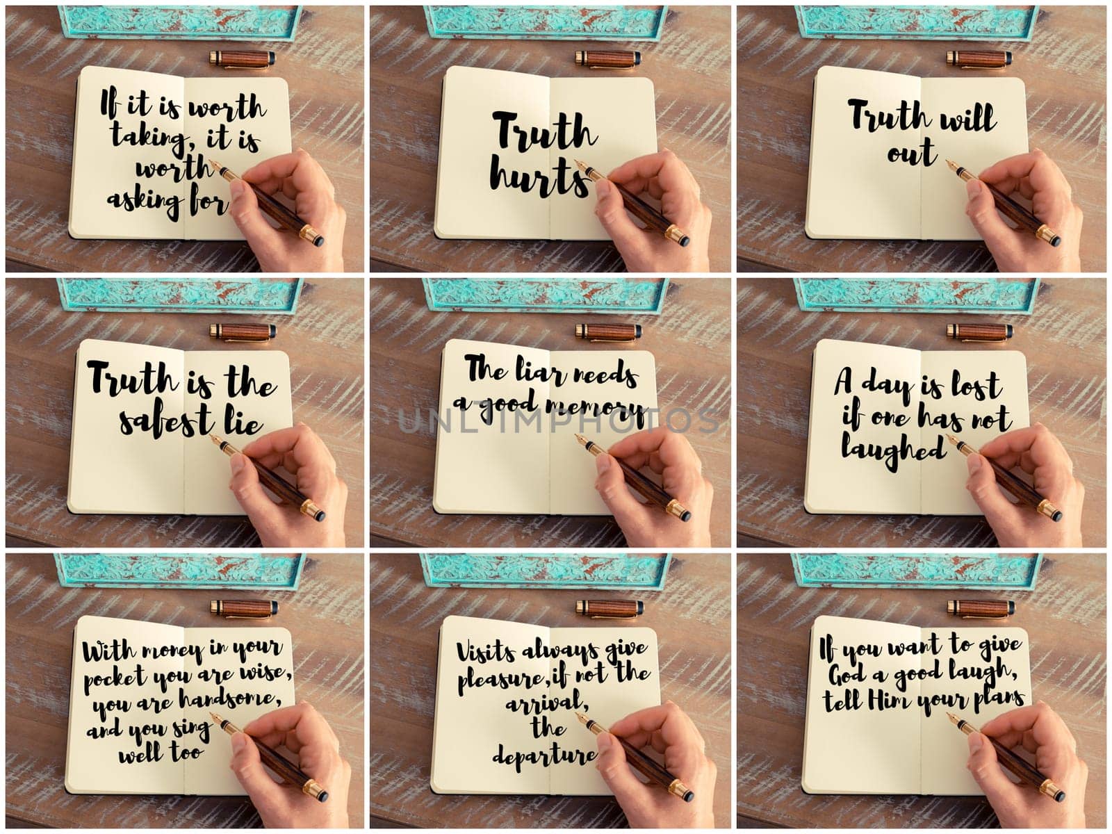 Photo collage of inspirational concept images, woman hand writing motivational quotes on a notebook