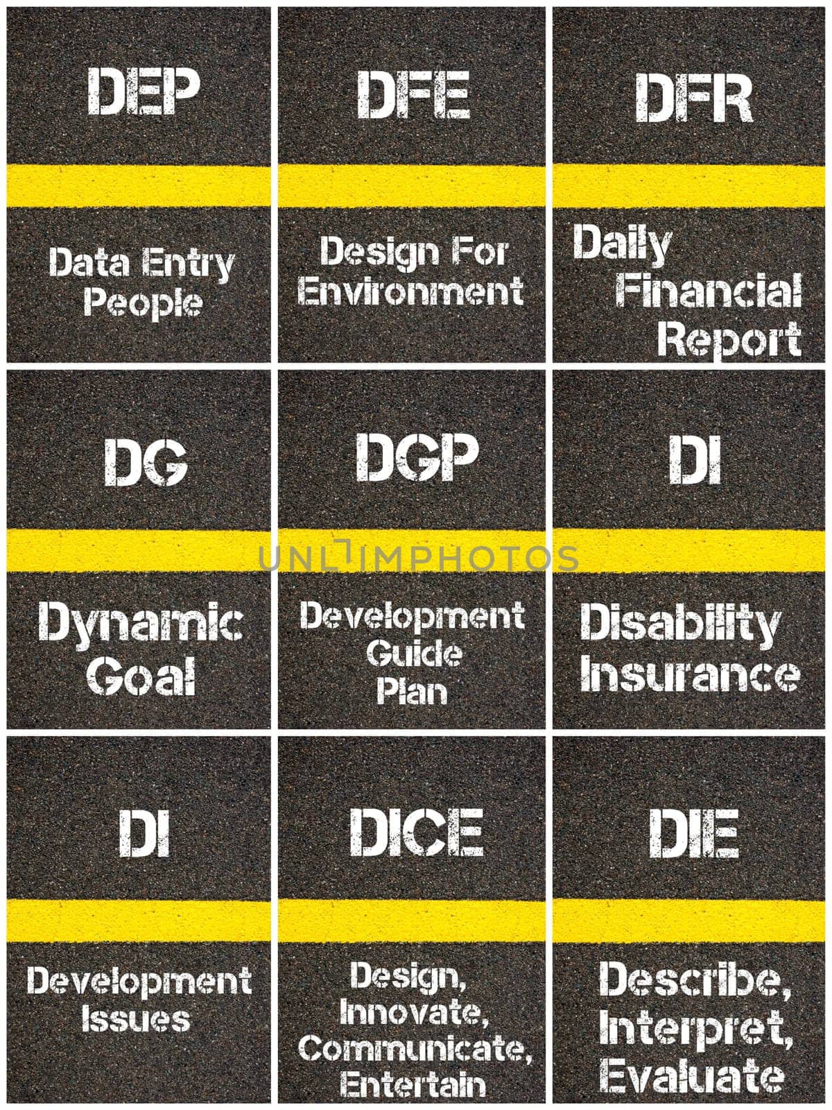 Photo collage of Business Acronyms written over road marking yellow paint line