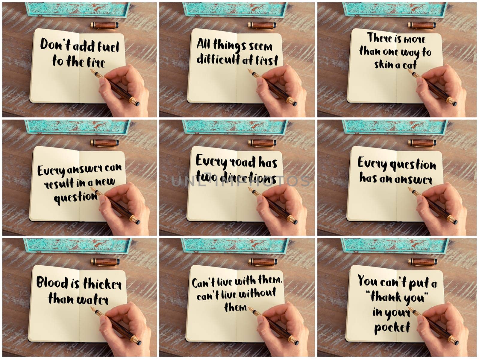 Photo collage of inspirational concept images, woman hand writing motivational quotes on a notebook