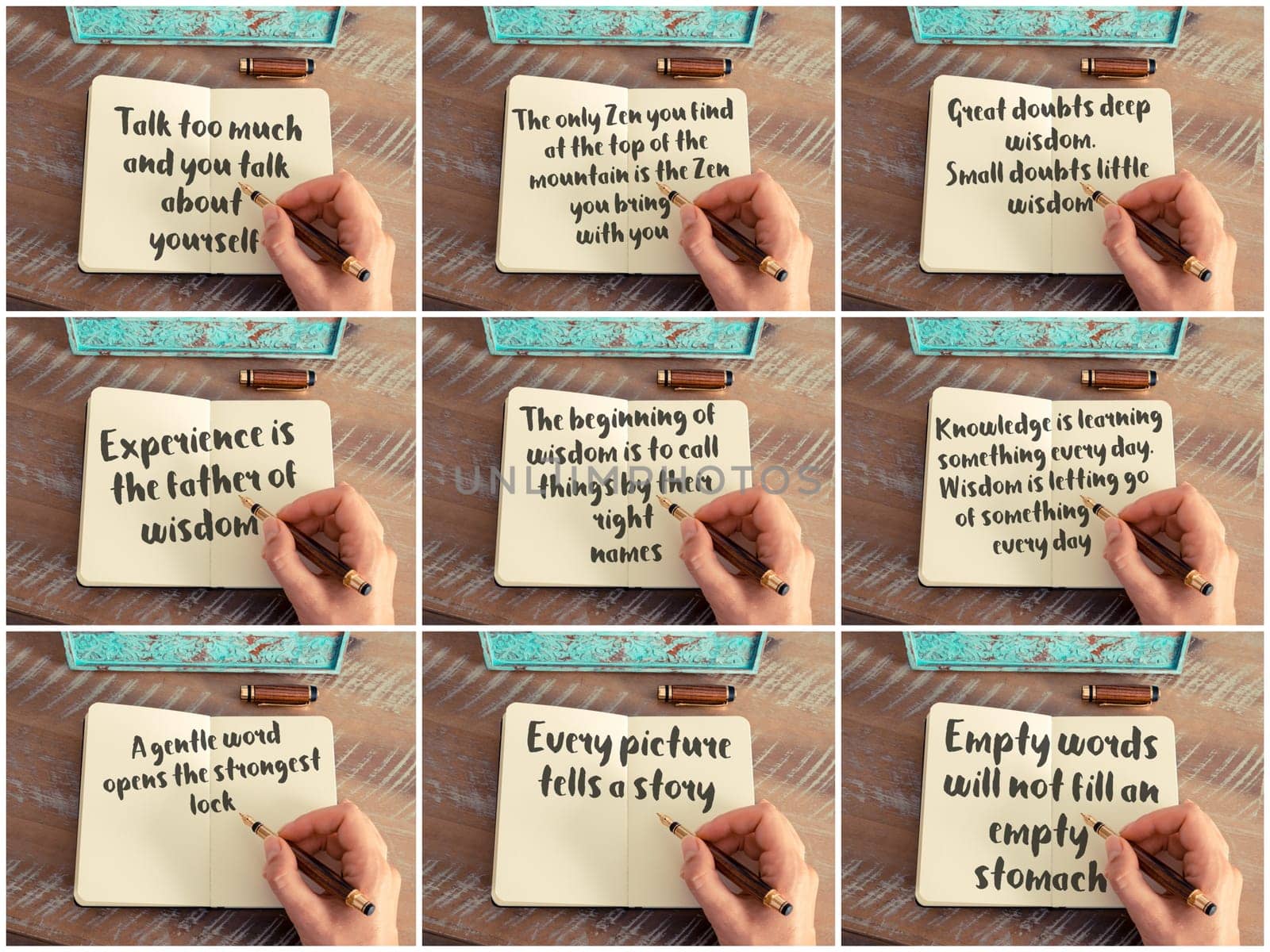 Photo collage of inspirational concept images, woman hand writing motivational quotes on a notebook