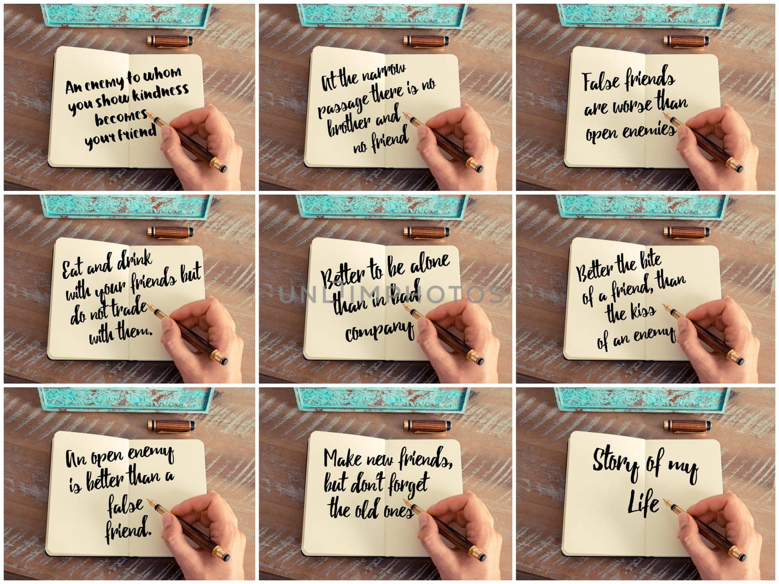 Photo collage of inspirational concept images, woman hand writing motivational quotes on a notebook