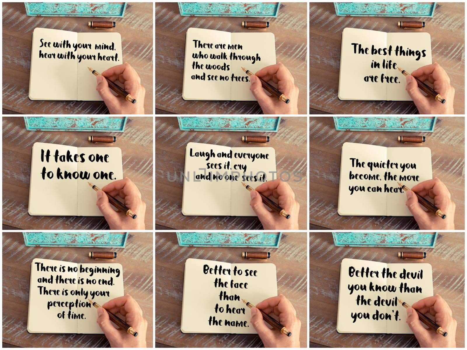 Photo collage of inspirational concept images, woman hand writing motivational quotes on a notebook