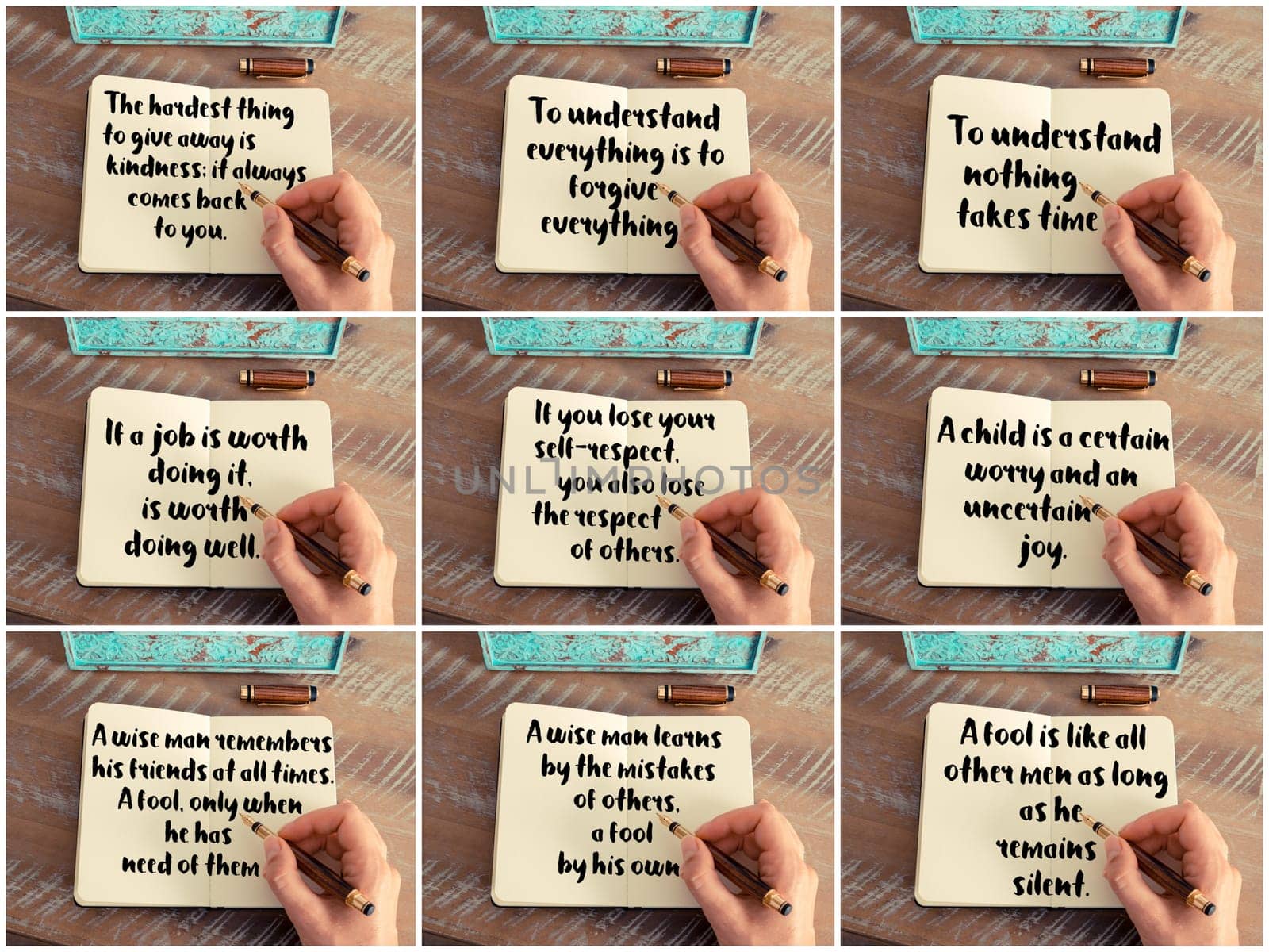 Photo collage of inspirational concept images, woman hand writing motivational quotes on a notebook