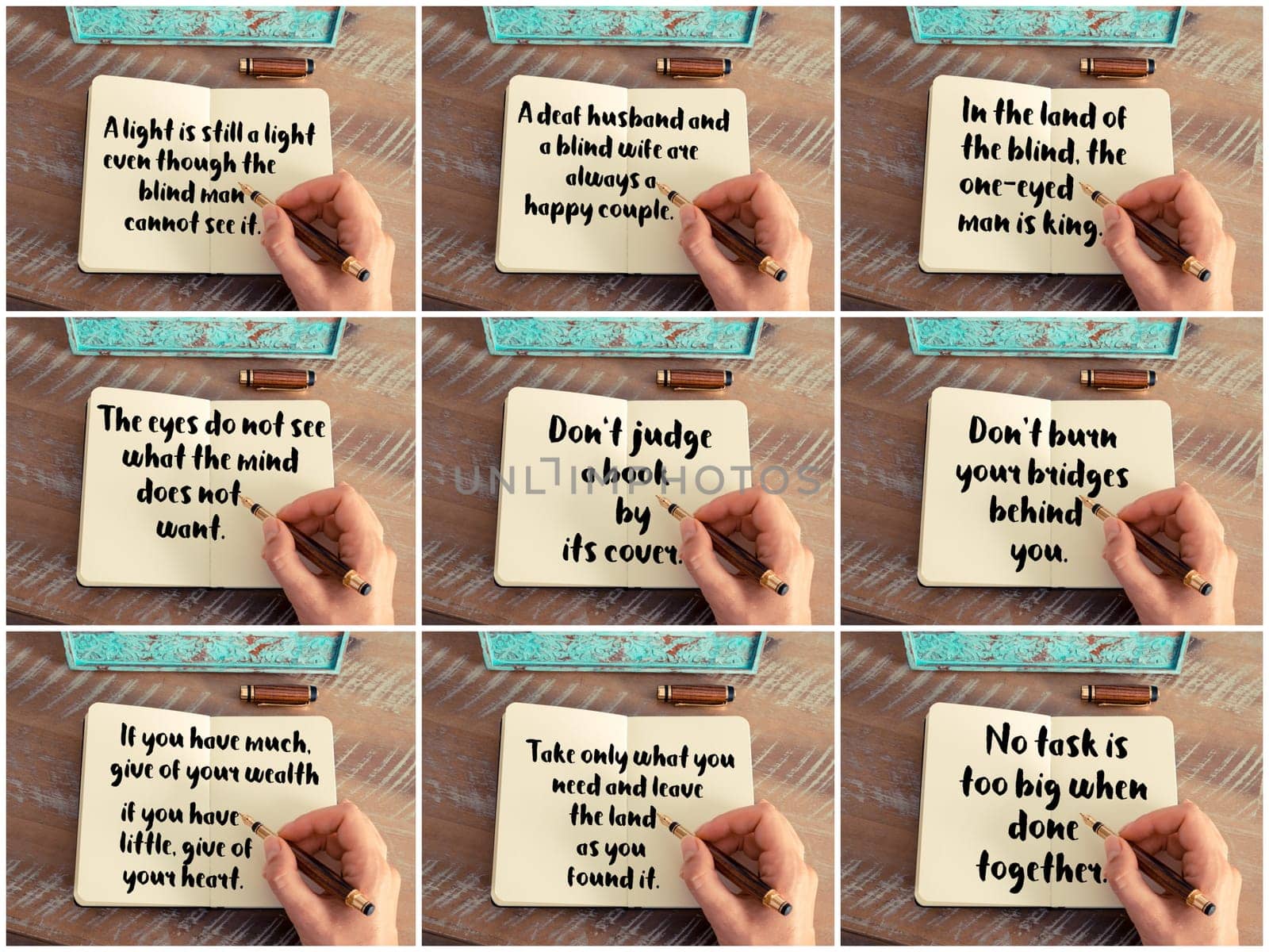 Photo collage of inspirational concept images, woman hand writing motivational quotes on a notebook