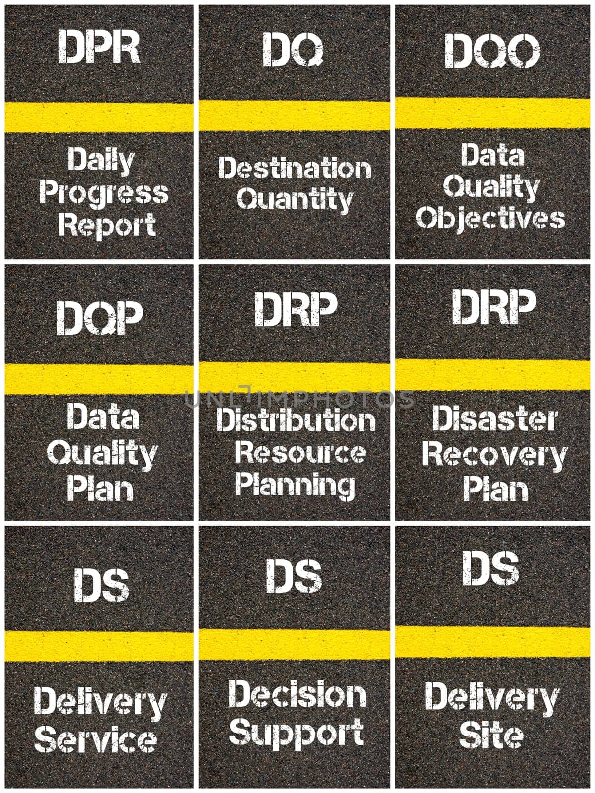 Photo collage of Business Acronyms written over road marking yellow paint line