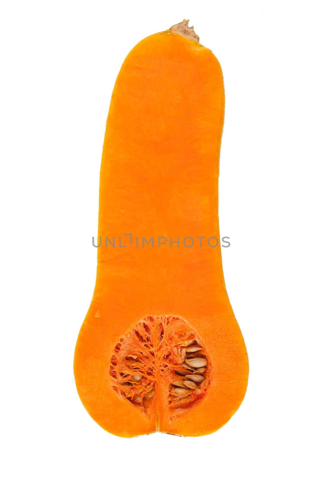 Cross section of butternut squash with seeds, isolated on a white background