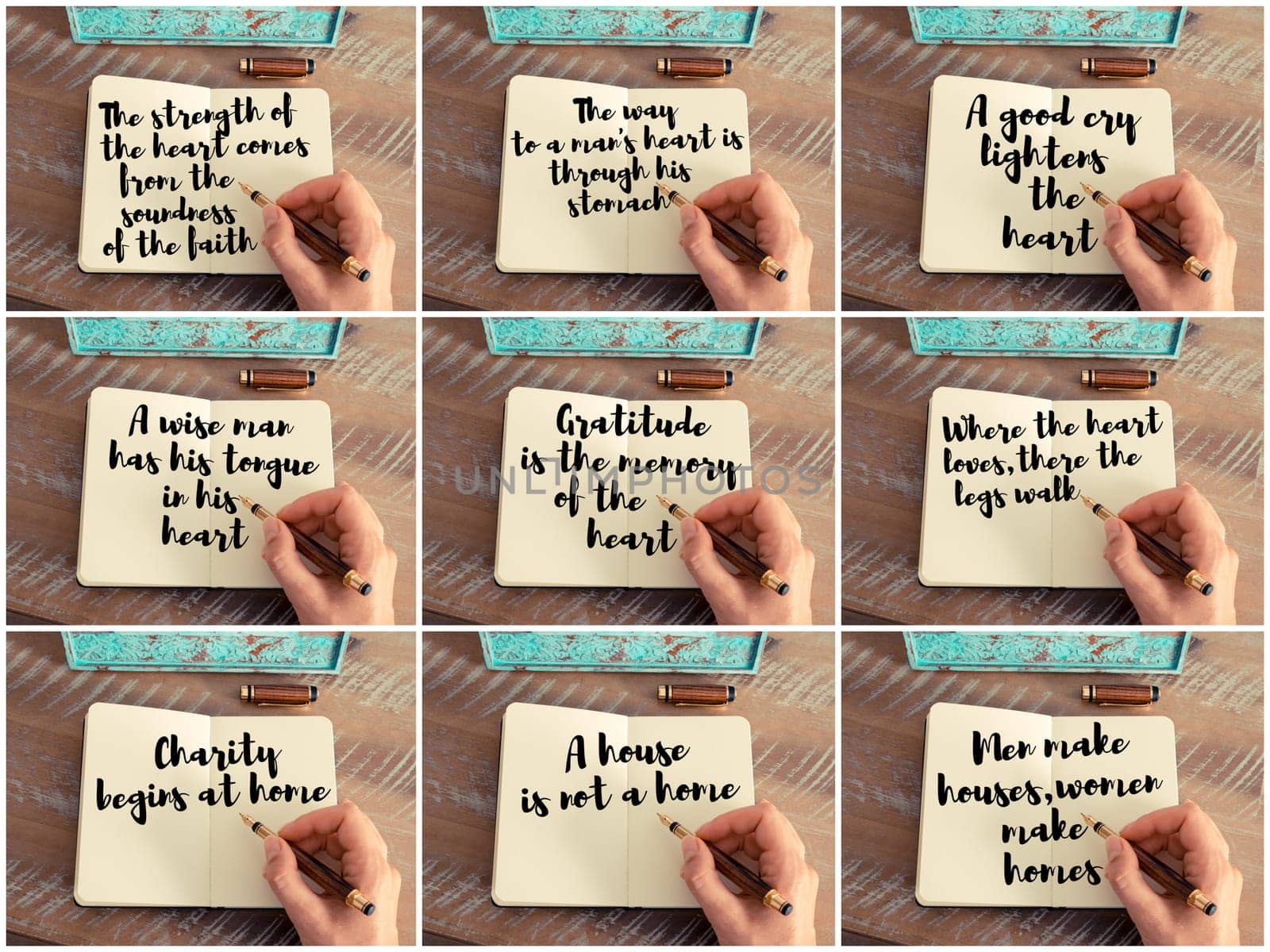 Photo collage of inspirational concept images, woman hand writing motivational quotes on a notebook