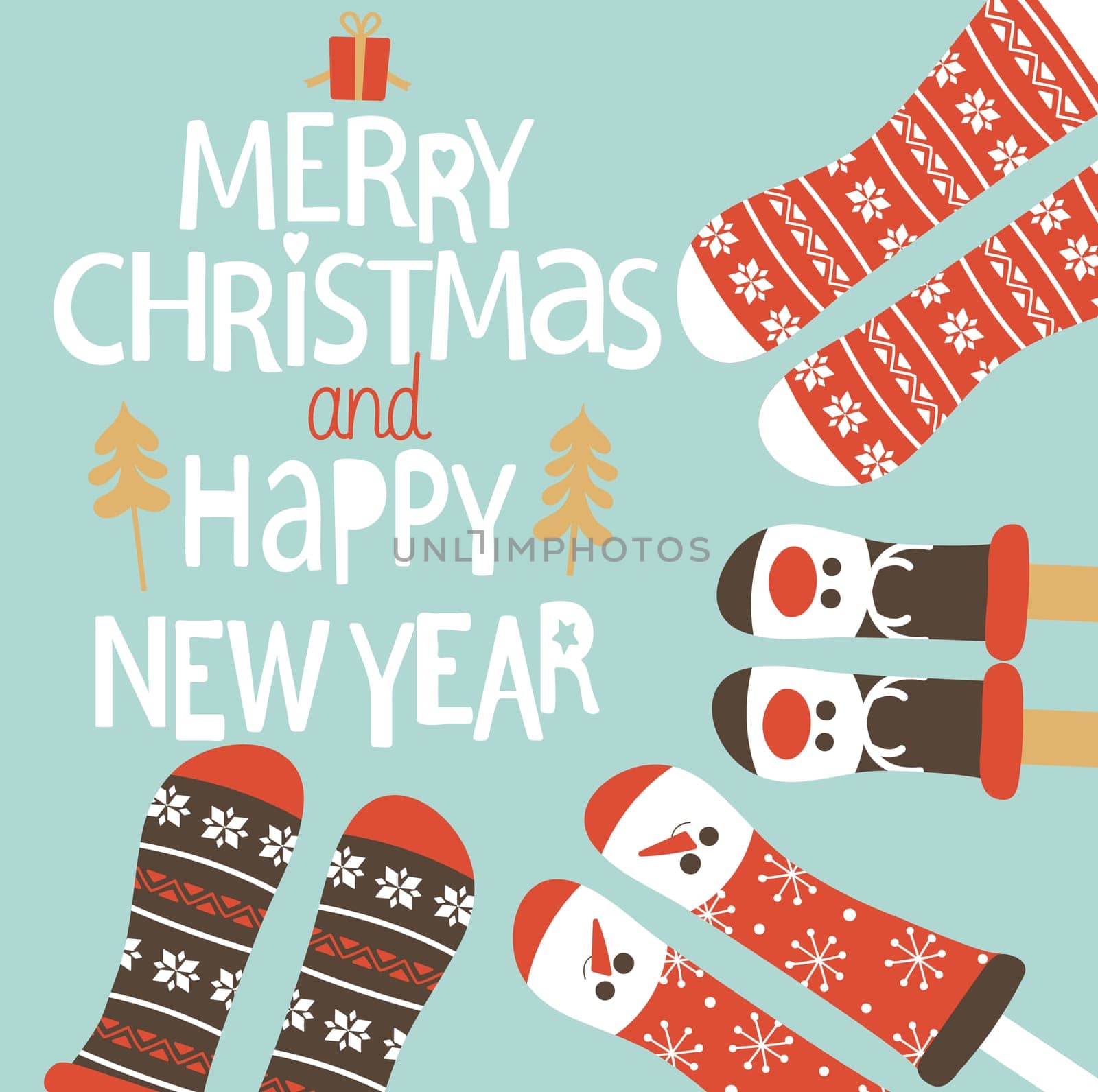 Family feet in Christmas socks. Winter holiday concept. Happy new year Greeting Card. Vector illustration.